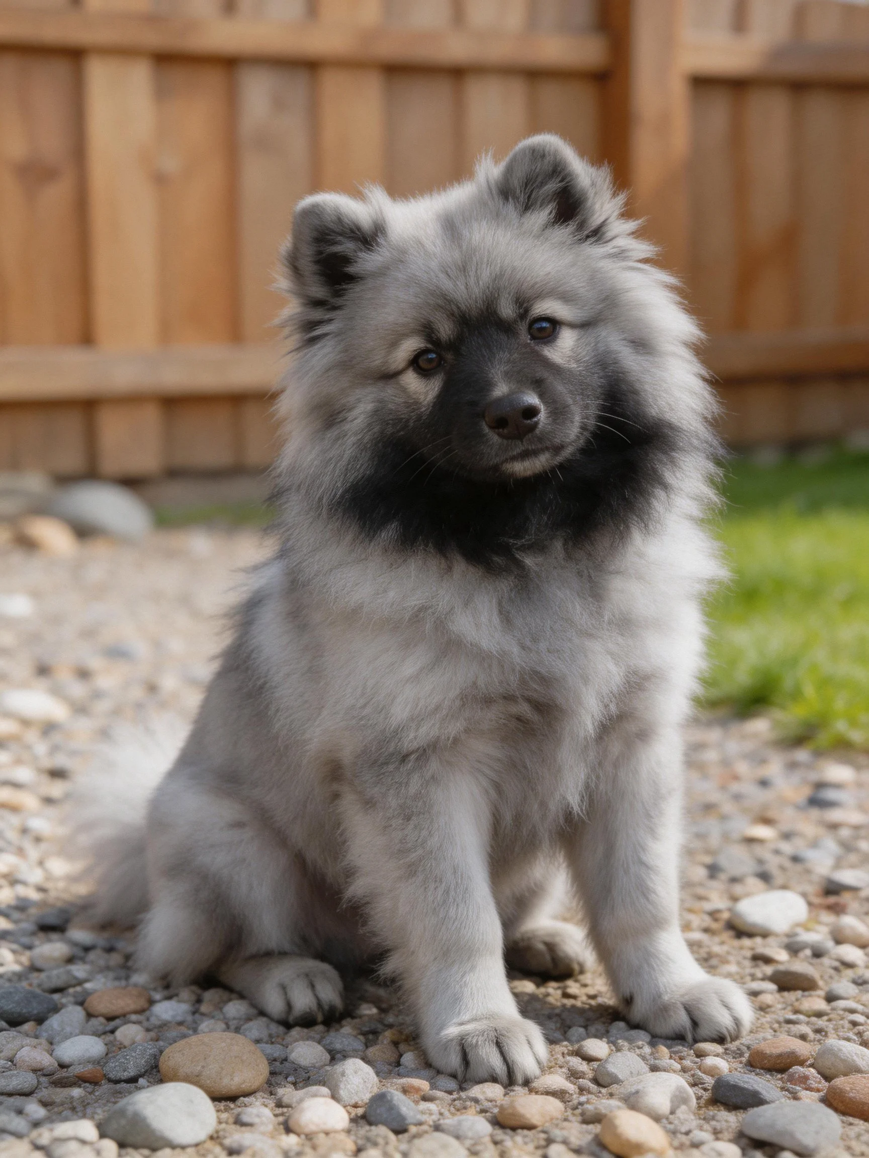 A fluffy gray and black puppy sits calmly on pebbles next to a wooden fence.