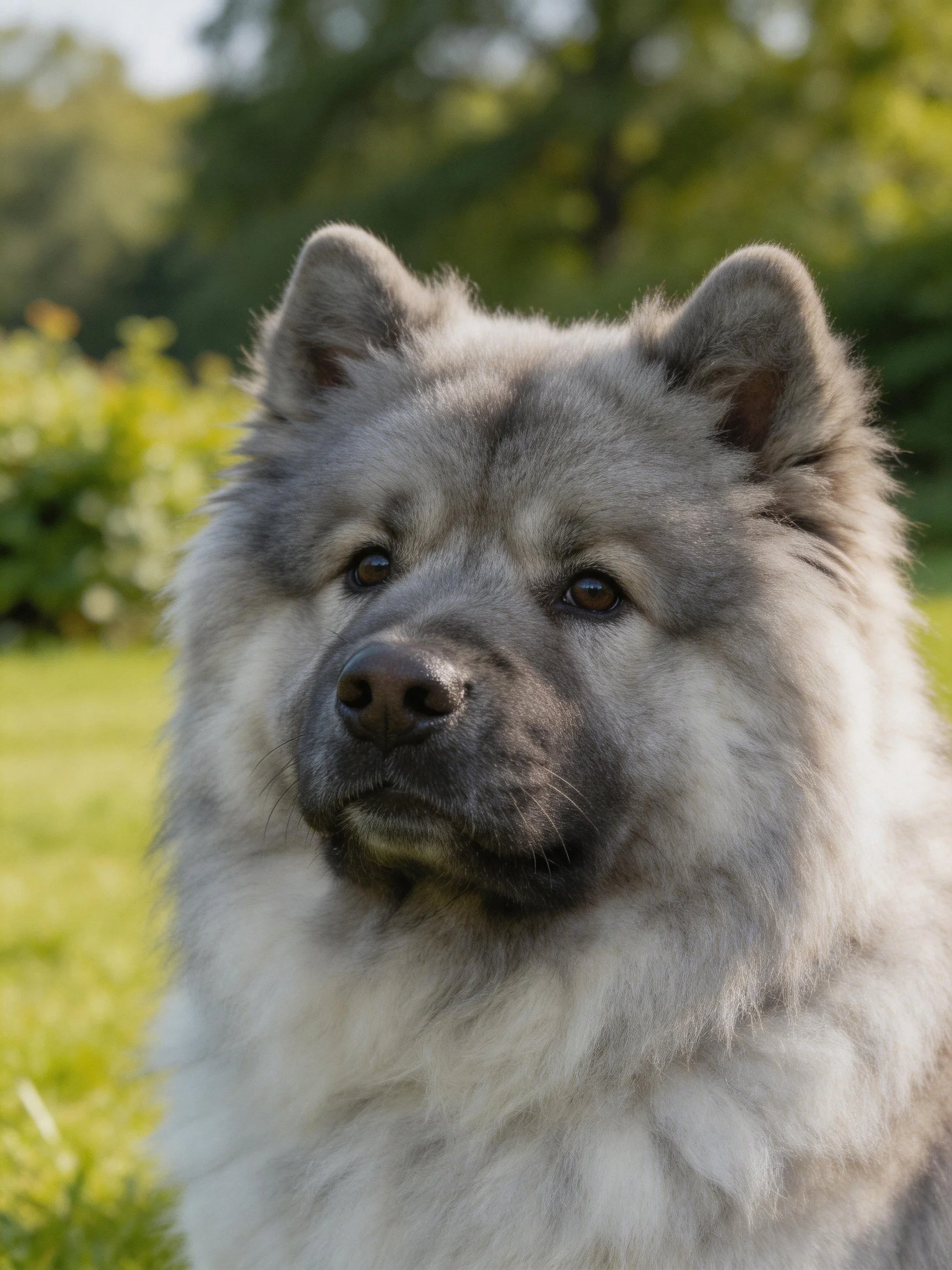 A fluffy gray and white dog stands calmly among greenery in bright sunlight.