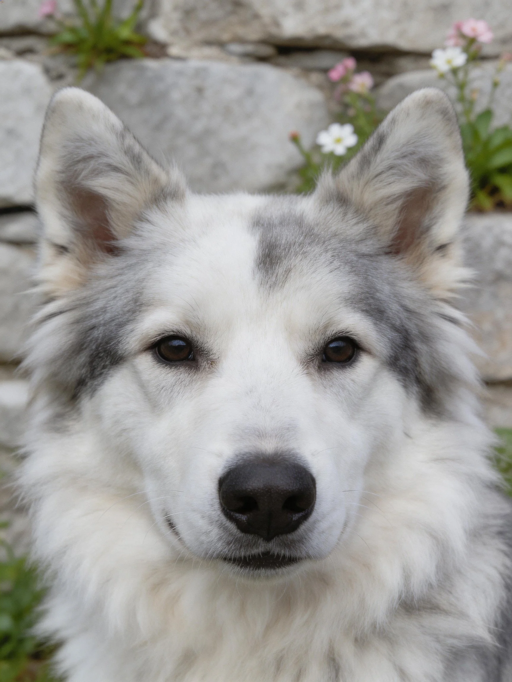 A fluffy gray and white dog stands before a stone wall with flowers