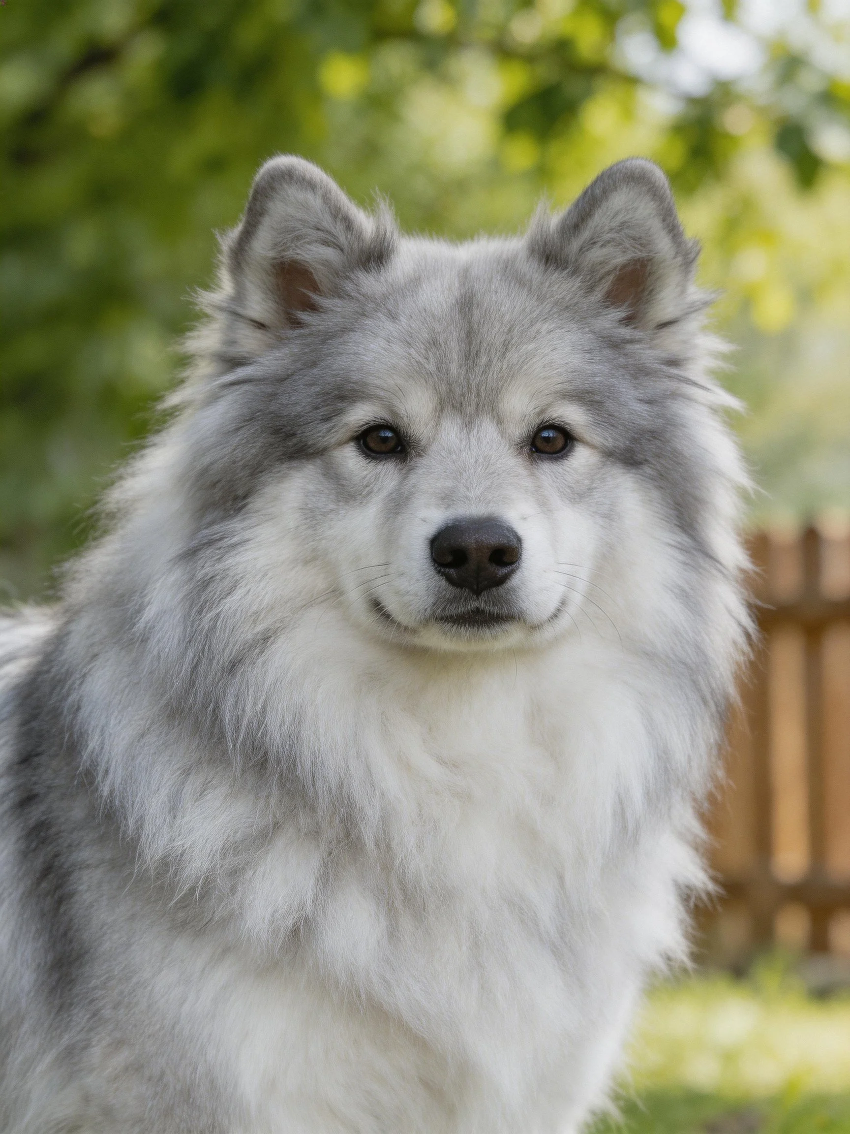 A fluffy gray and white dog stands calmly near a wooden fence amid greenery.