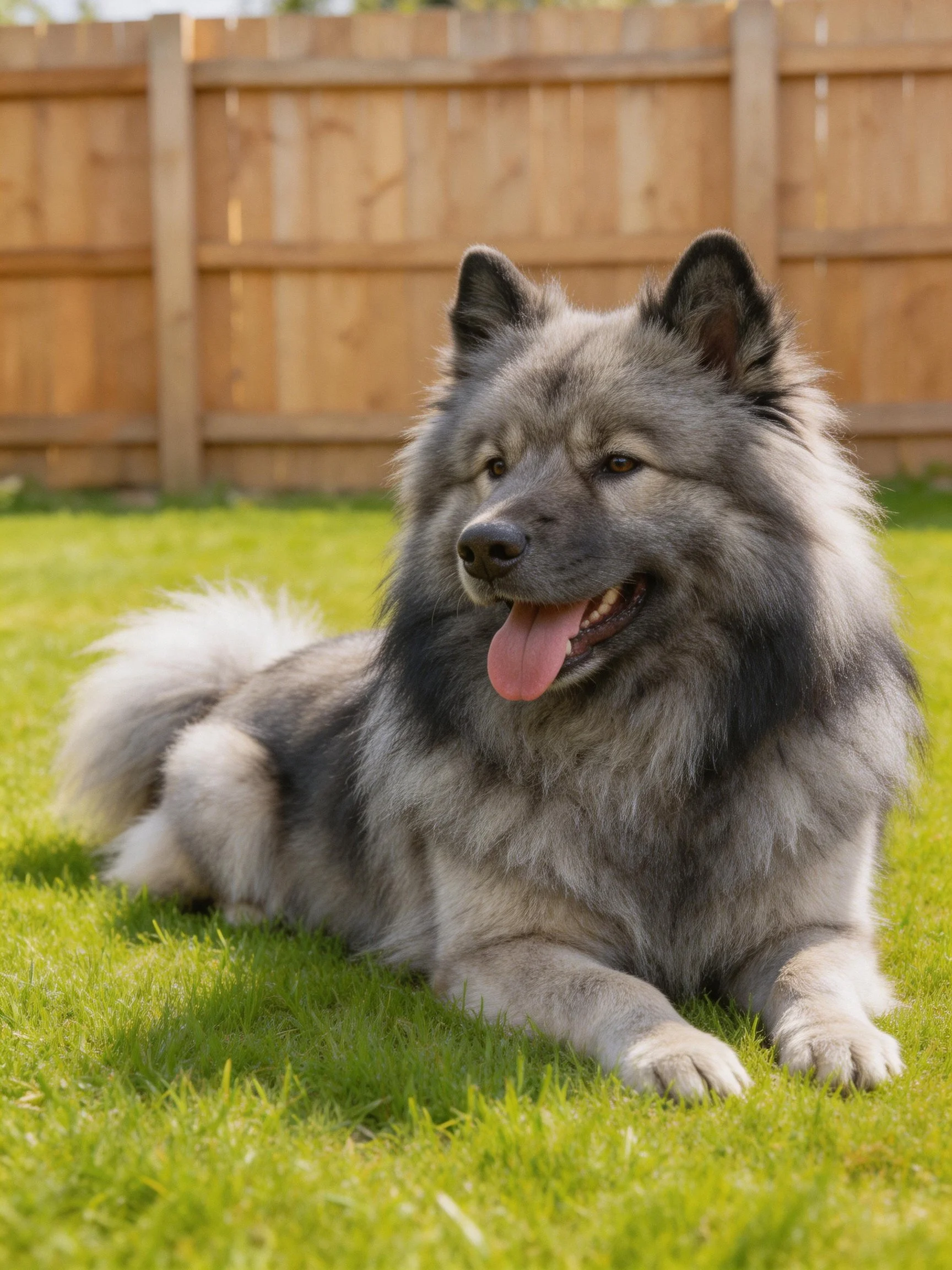 A fluffy gray and white dog rests on green grass with a wooden fence nearby.