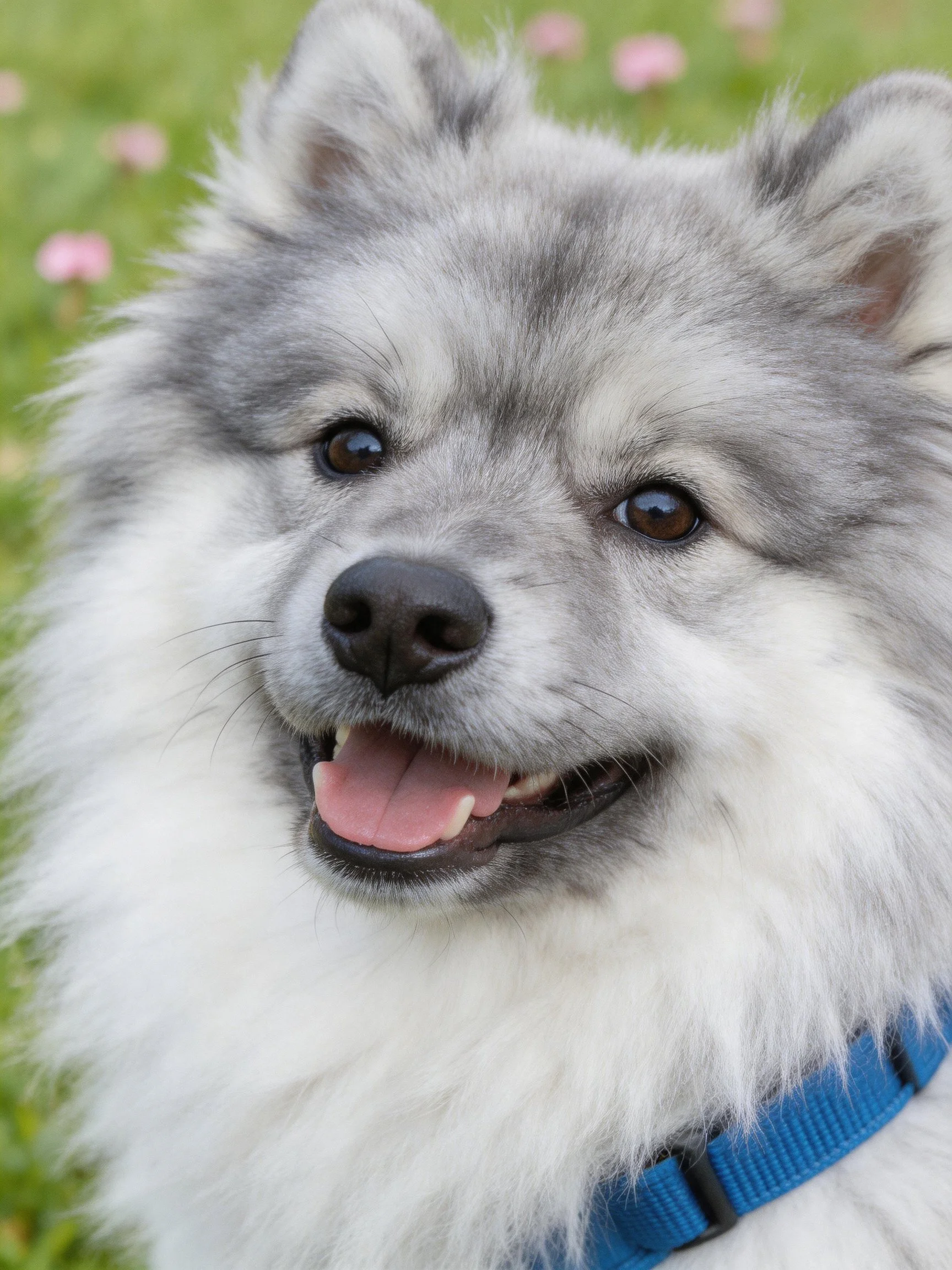 A cheerful fluffy dog with a blue collar enjoys time among grass and pink flowers.