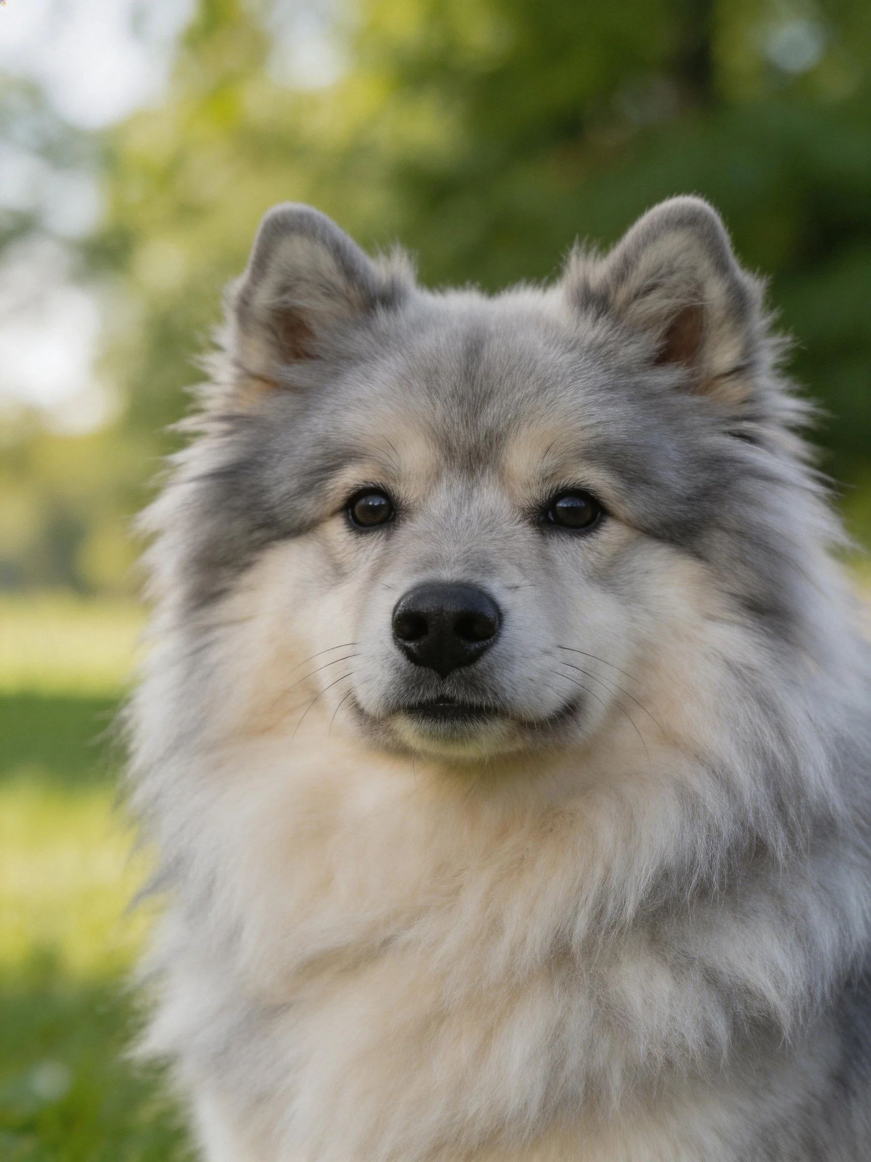 A fluffy gray and white dog stands outdoors amid a blurred green landscape.