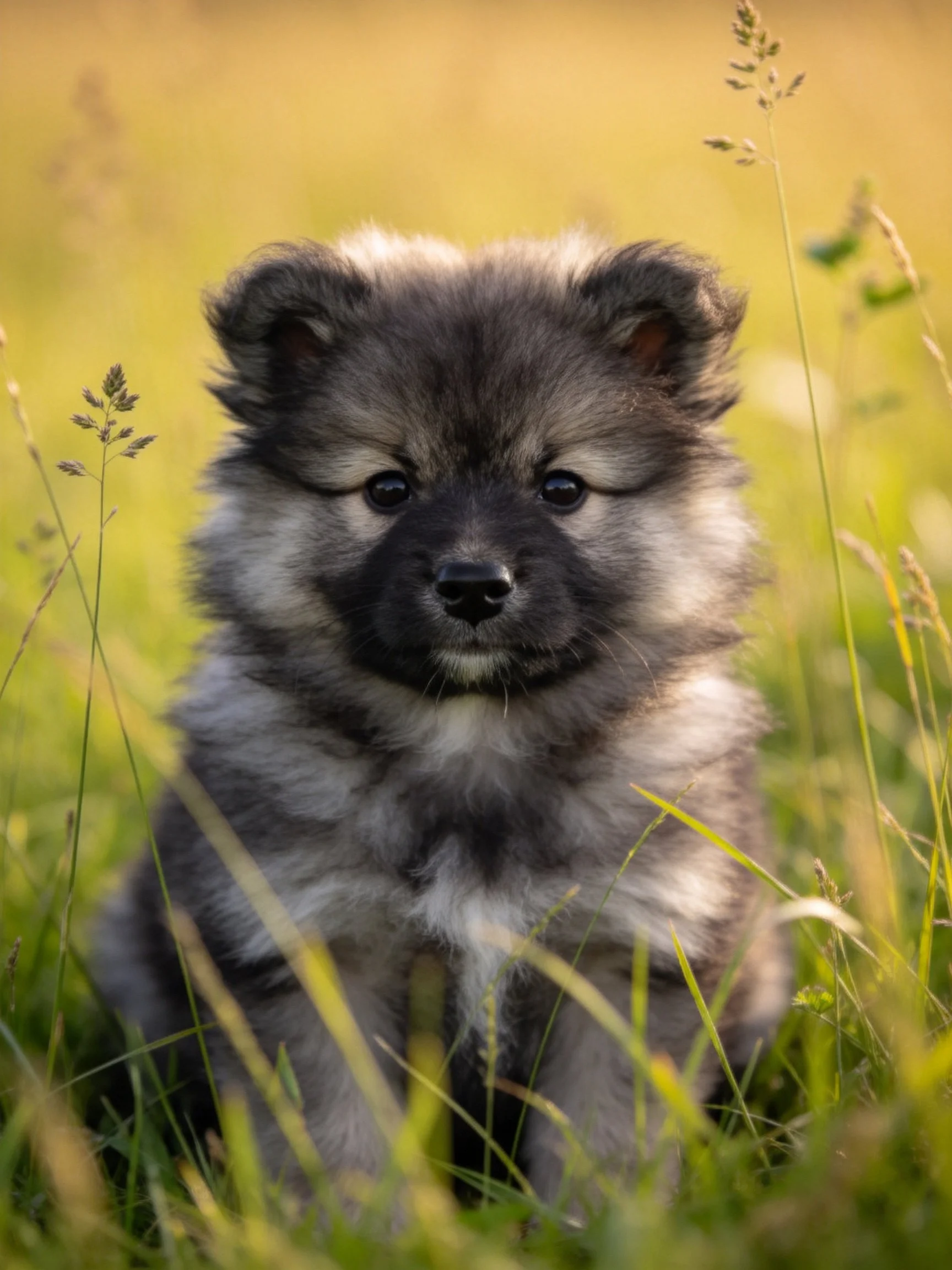 A fluffy gray and white puppy sits calmly amid tall grass in a sunlit outdoor setting.