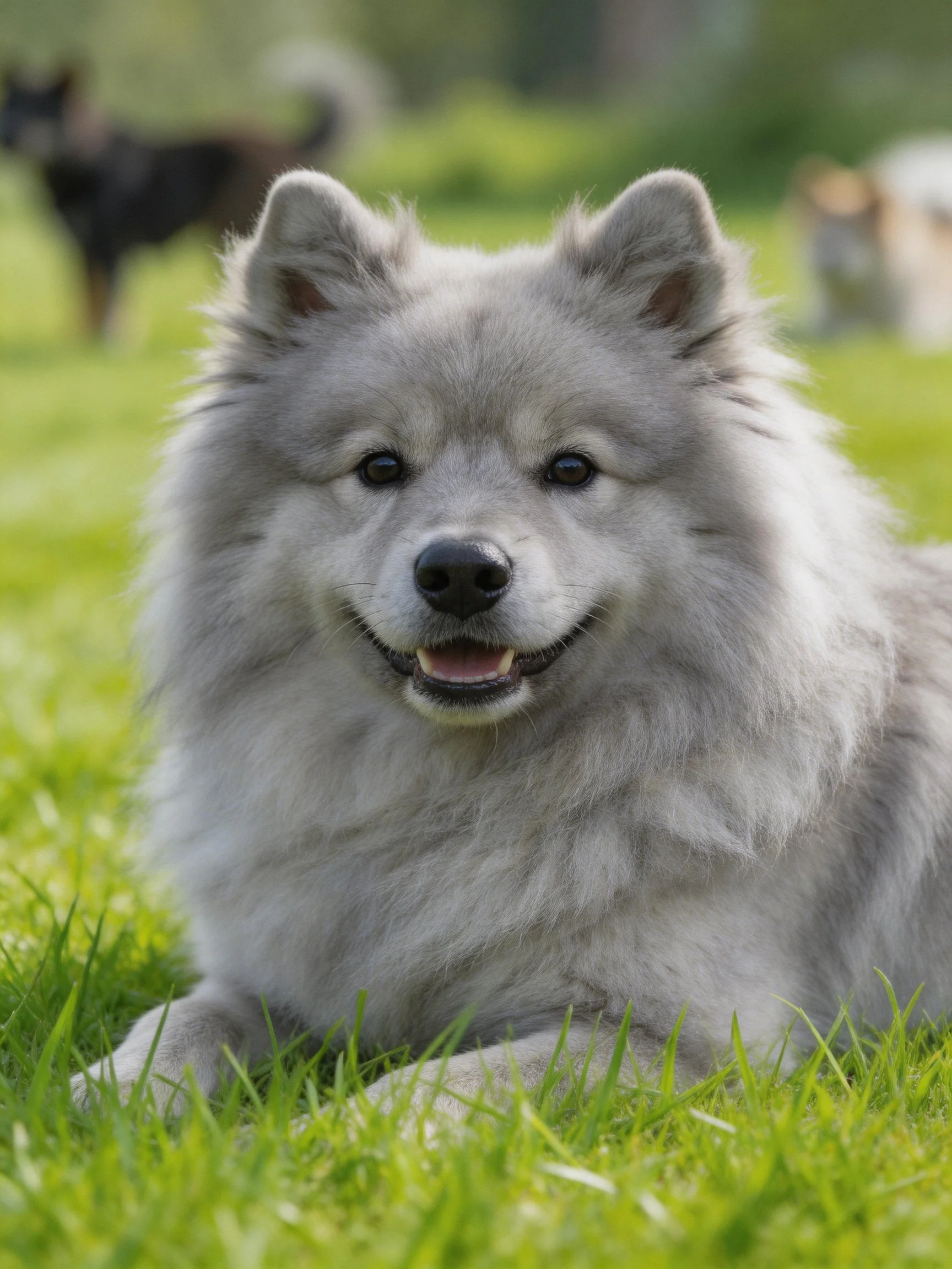 A fluffy gray dog relaxes on green grass with other dogs out of focus in the background