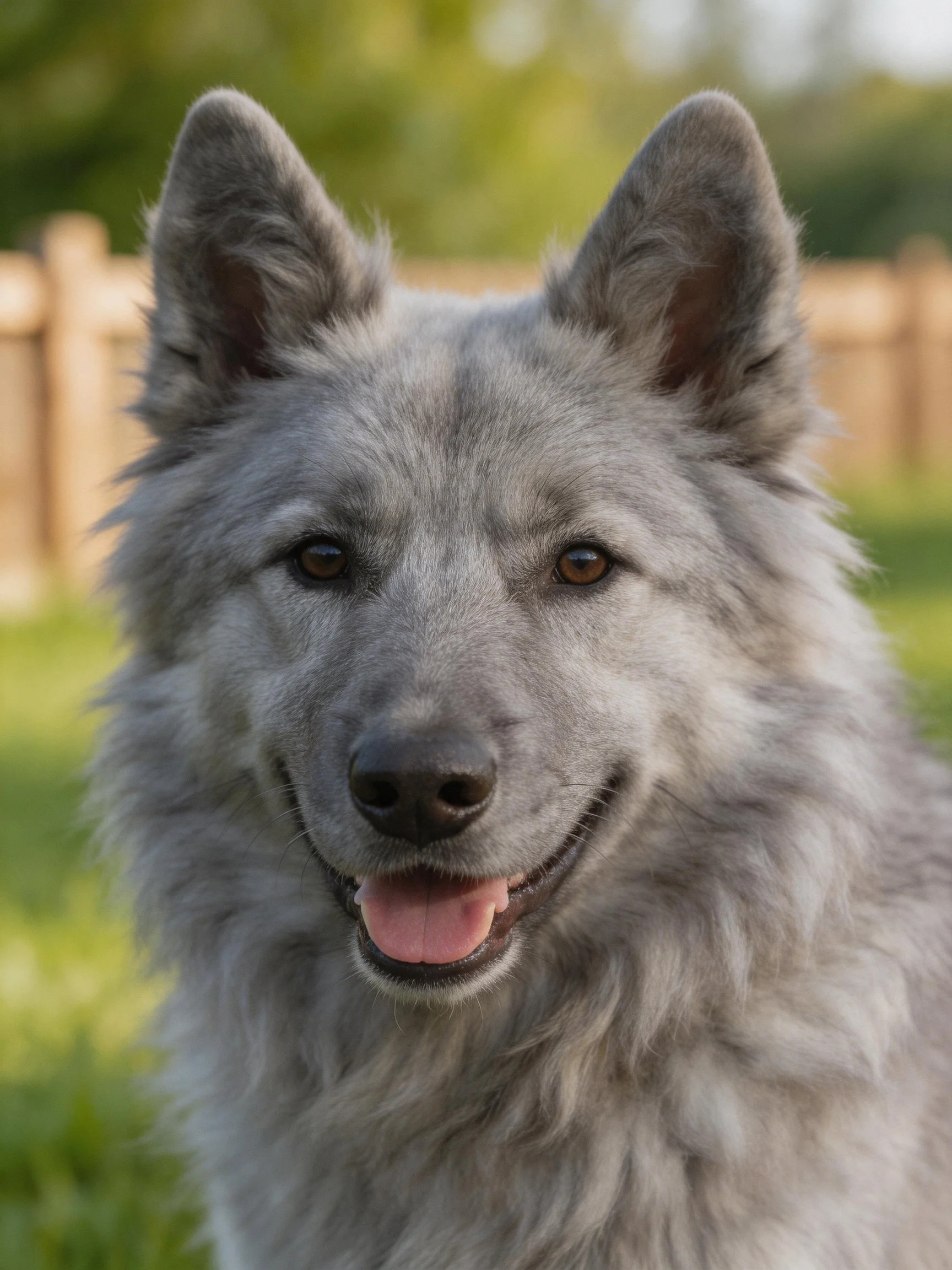 Fluffy gray dog with upright ears in a sunny outdoor area