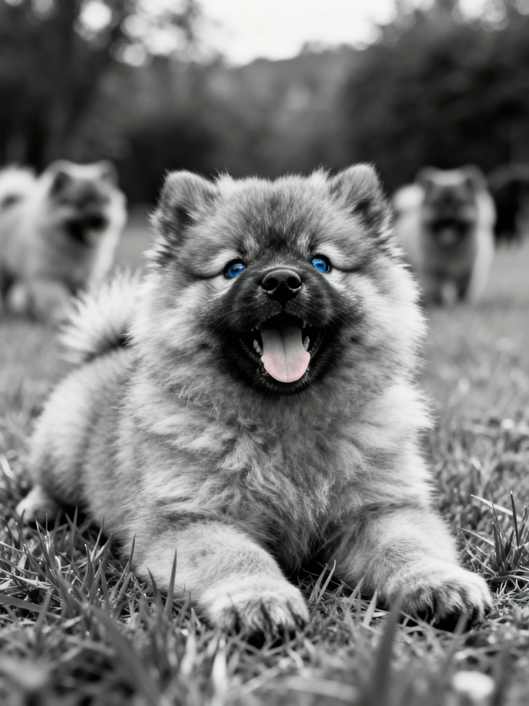 Fluffy gray puppy with bright blue eyes rests on grass amid blurred companions