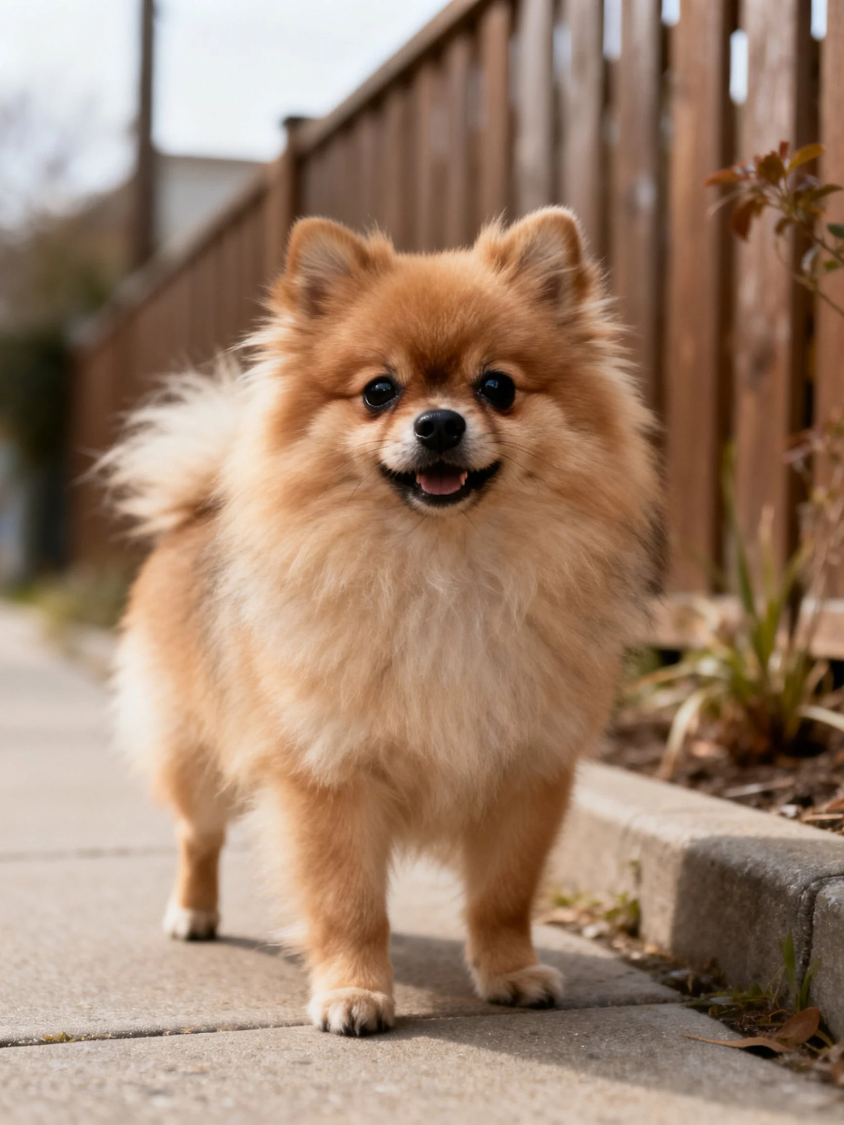 A fluffy light-brown Pomeranian stands on a sidewalk near a wooden fence.