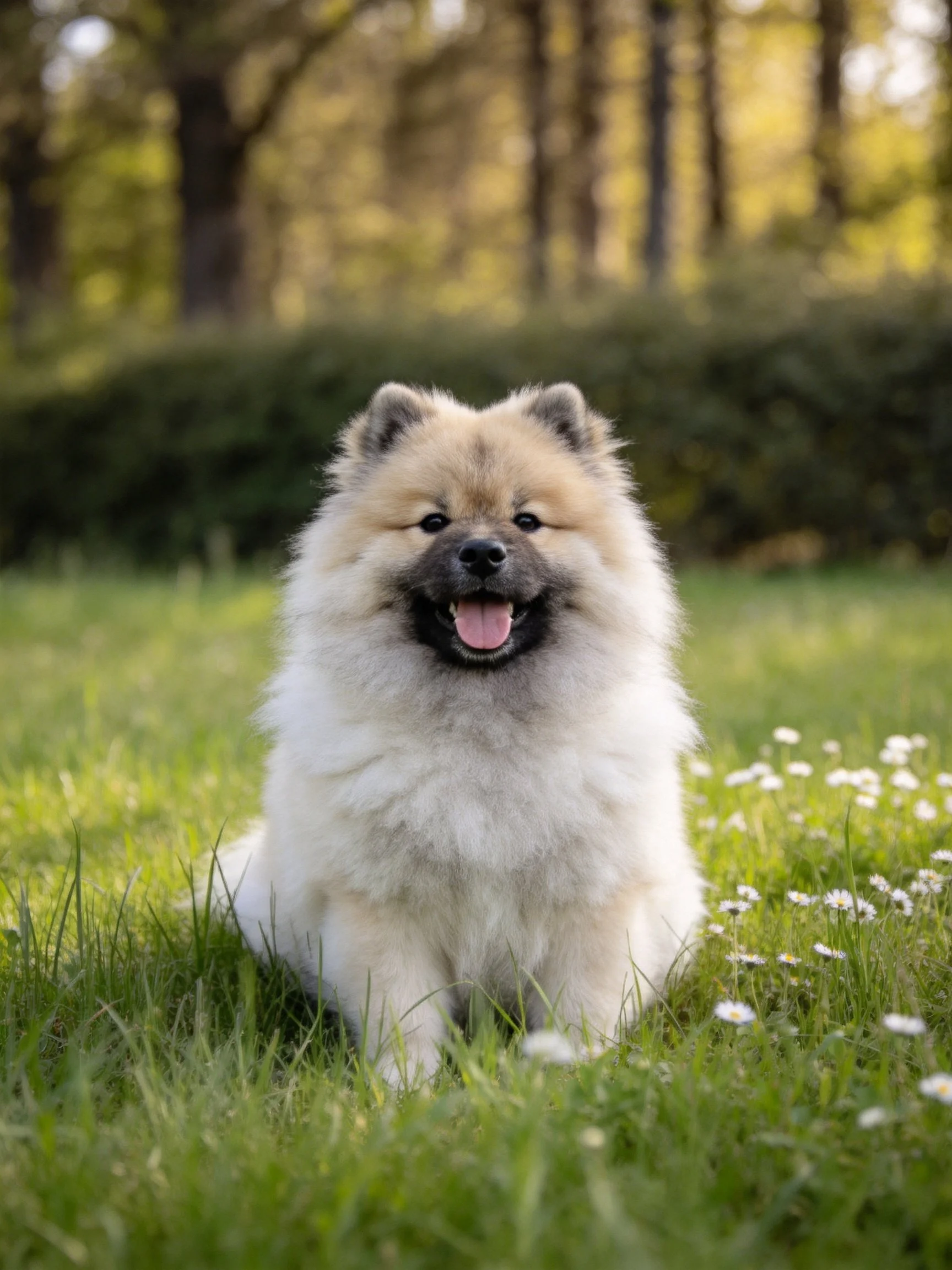 Fluffy light - colored dog sitting on green grass amid small white flowers