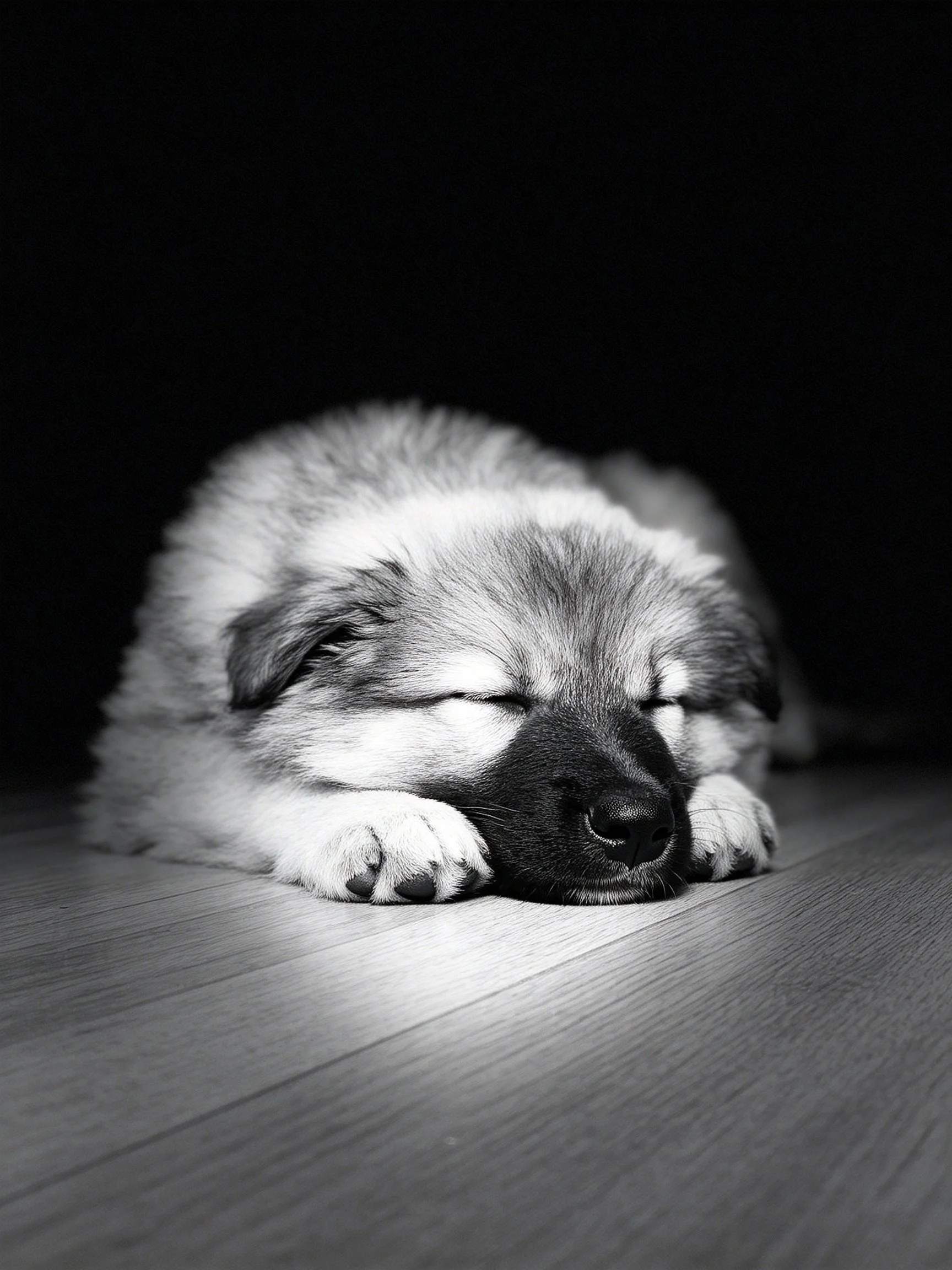 A fluffy puppy sleeps on a wooden floor with a dark backdrop.