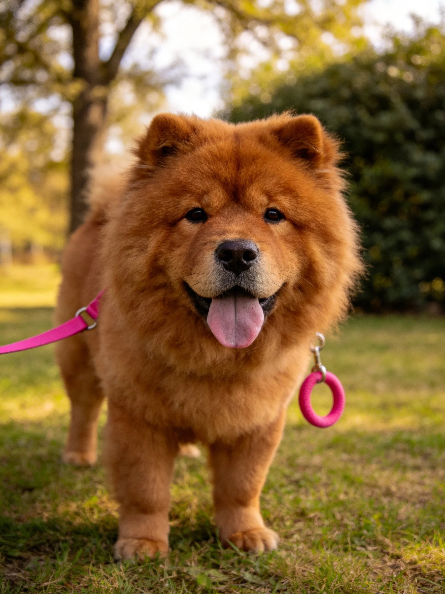 Fluffy reddish - brown Chow dog with pink leash in grassy area