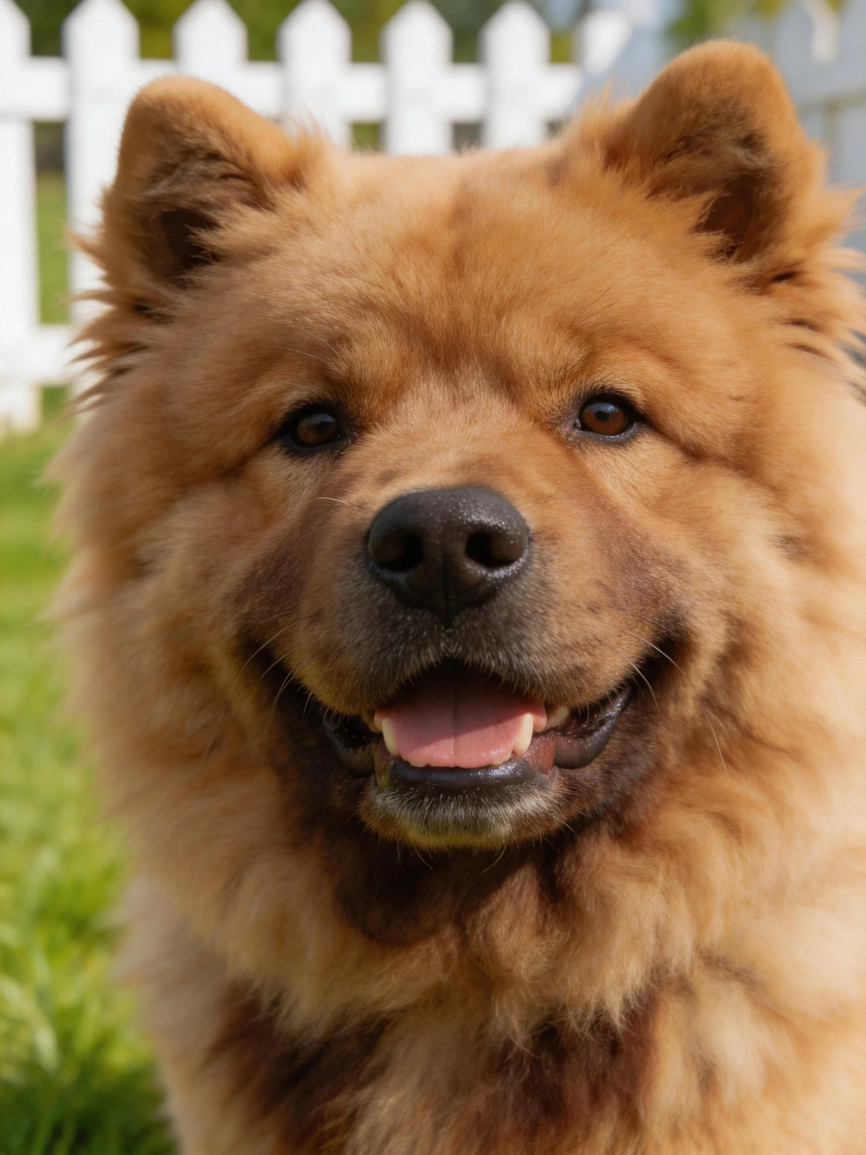 Fluffy tan Chow dog near white picket fence