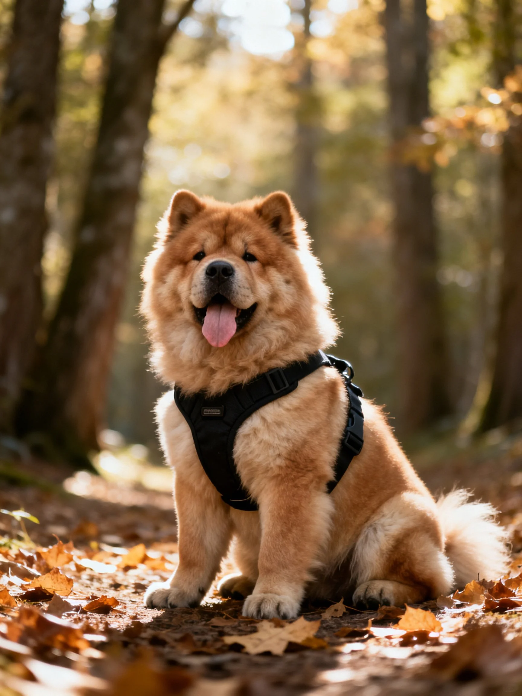 Fluffy tan Chow dog sits in autumn forest with fallen leaves