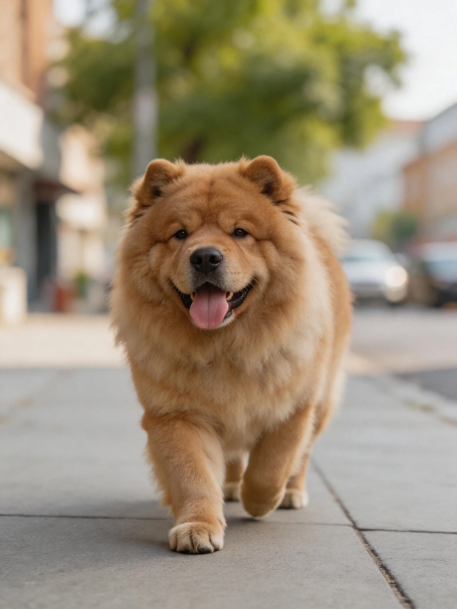Fluffy tan Chow dog walking on a sidewalk