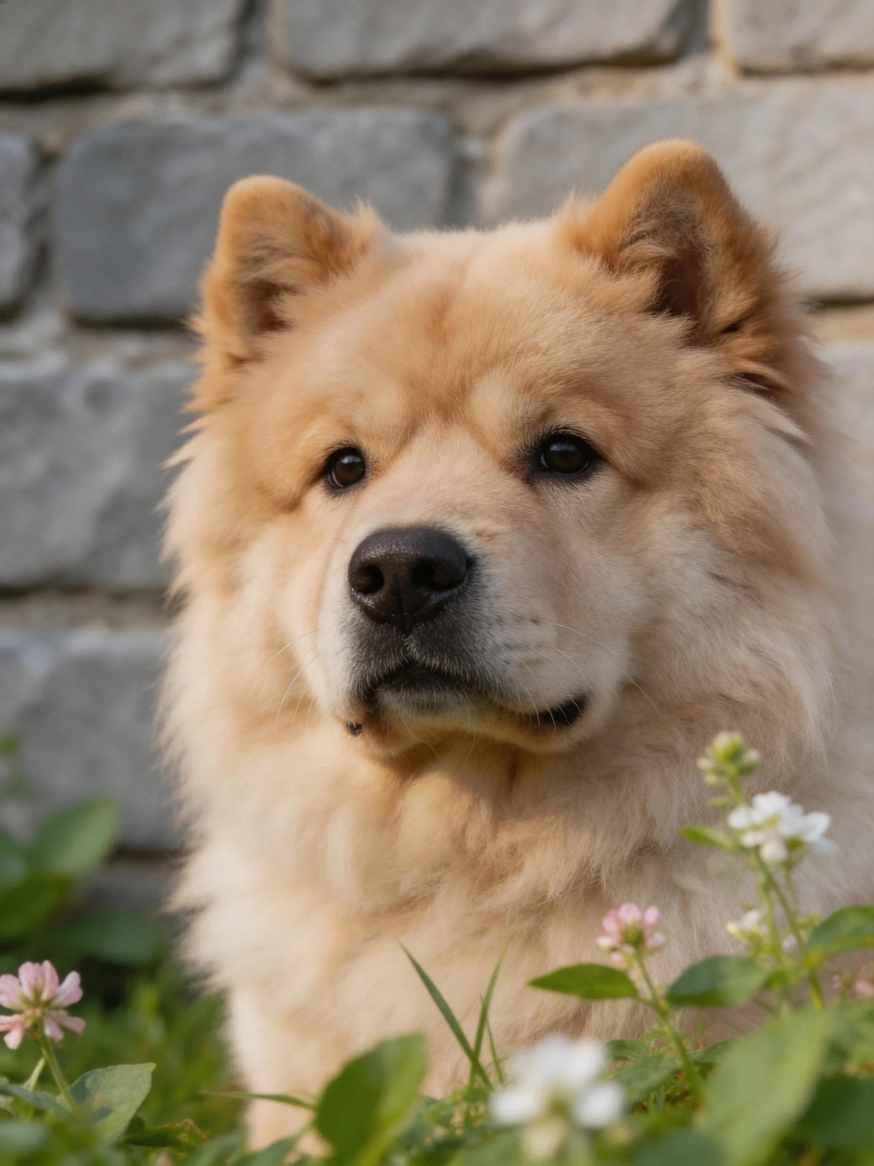 Fluffy tan Chow near white flowers and stone wall