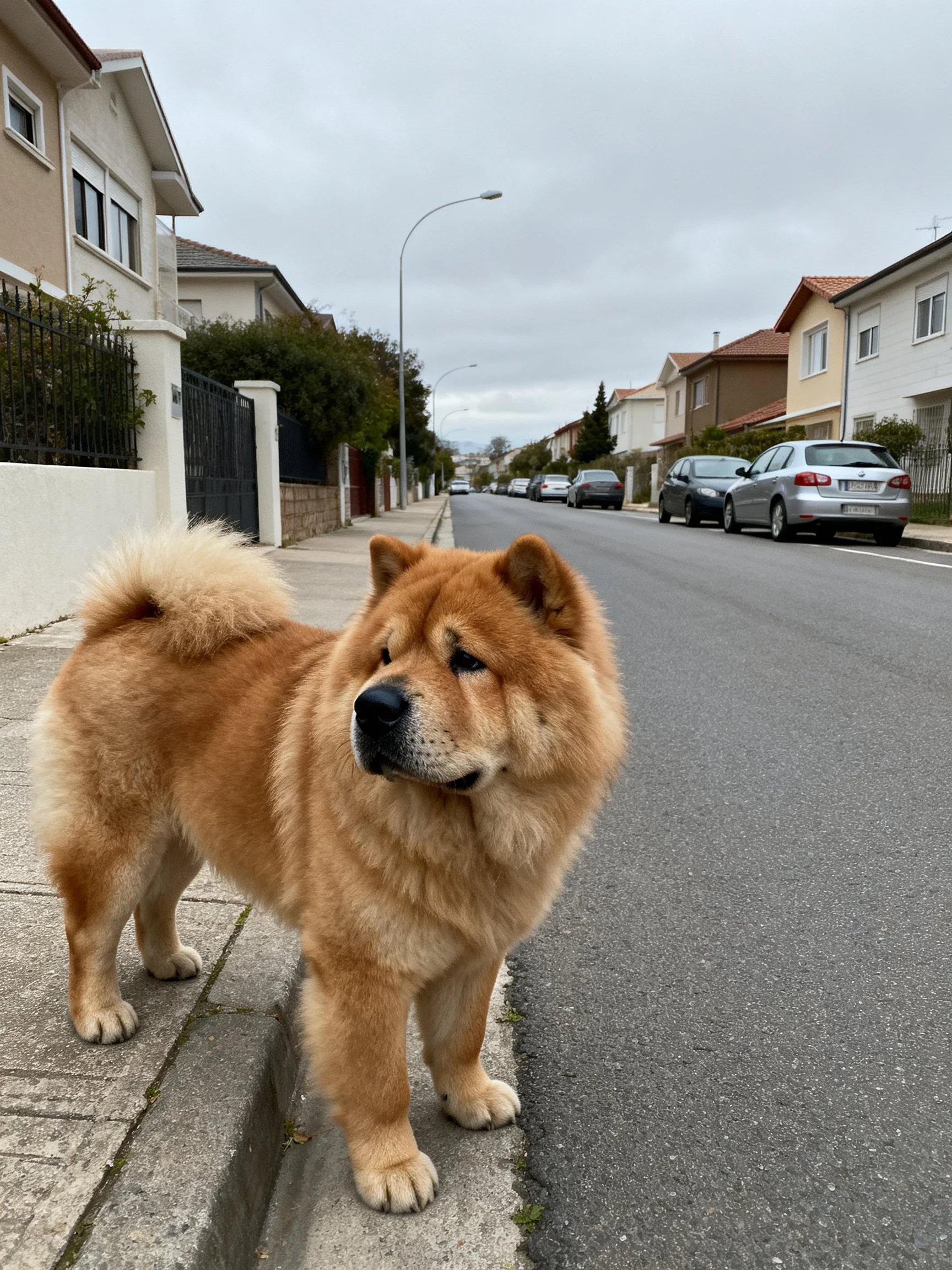 Fluffy tan Chow on residential sidewalk near quiet street