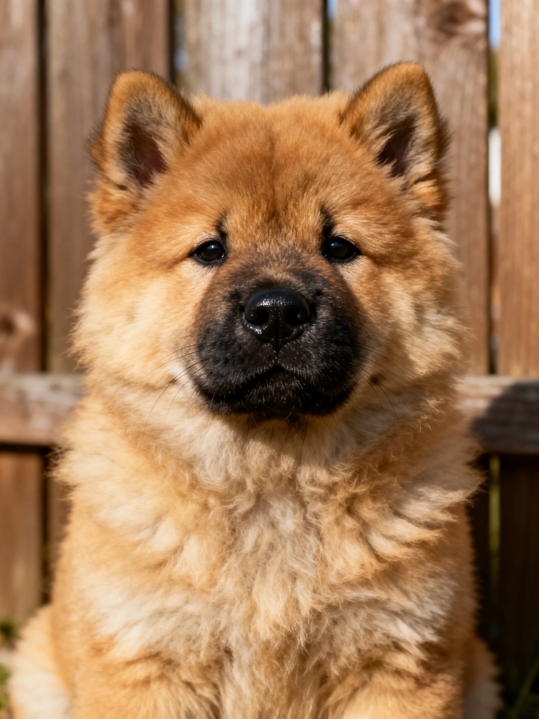 Fluffy tan Chow puppy near wooden fence