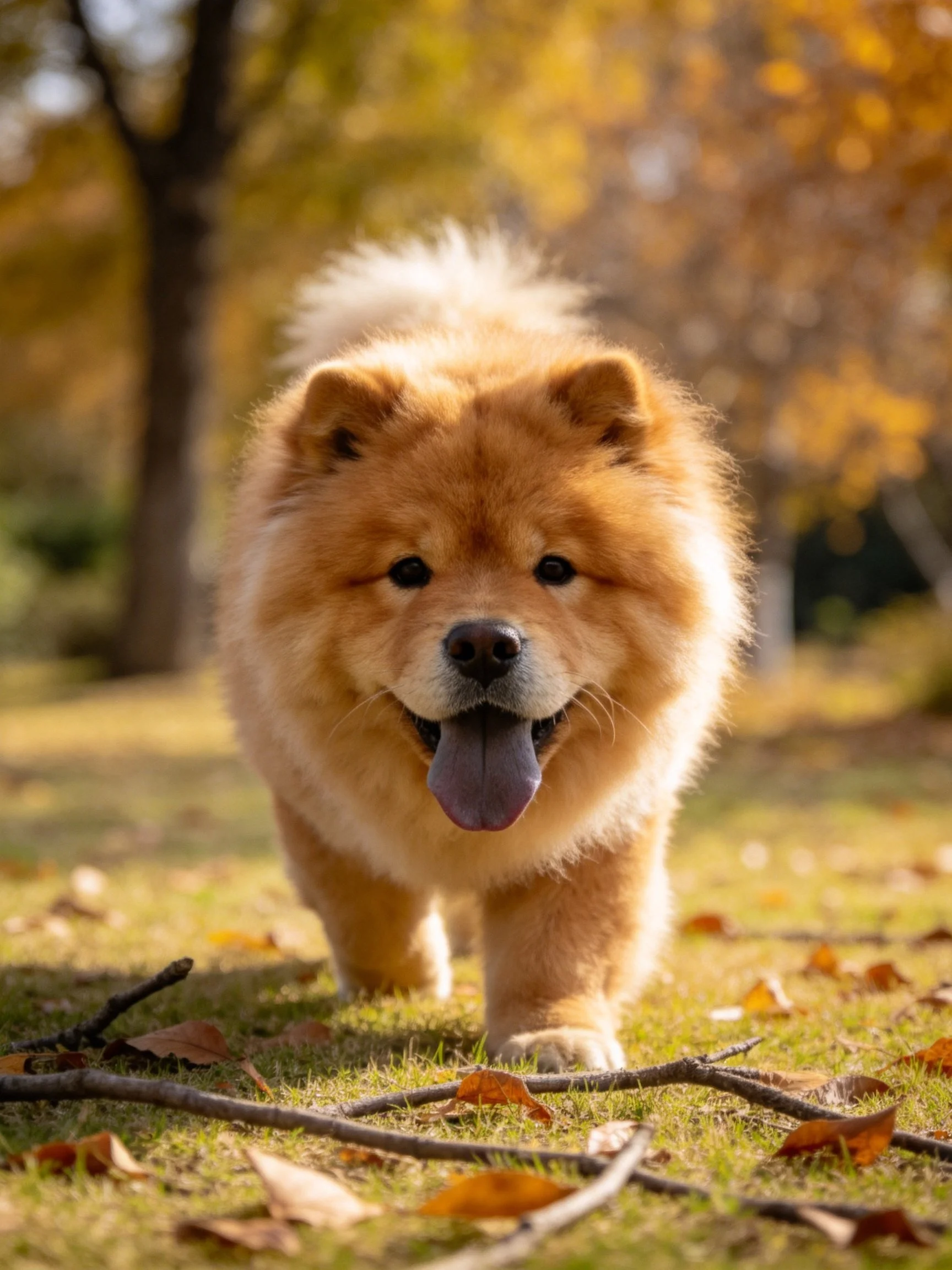 Fluffy tan Chow walks through sunlit autumn park with fallen leaves
