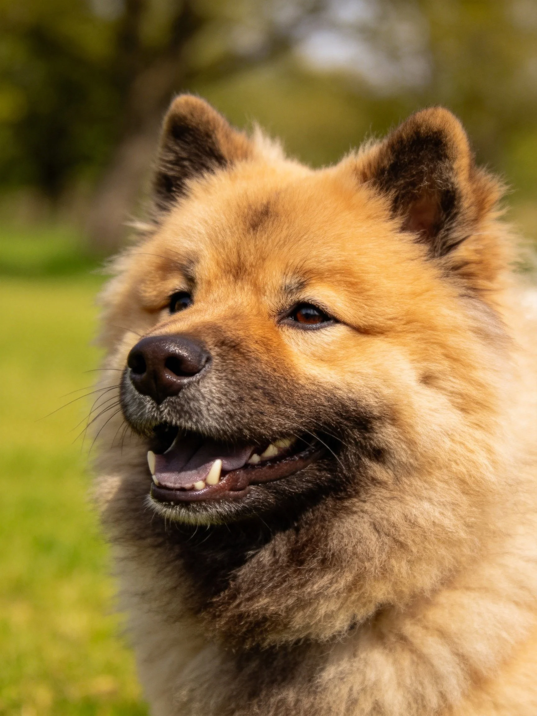 A fluffy tan Keeshond with a happy expression in a sunlit outdoor area