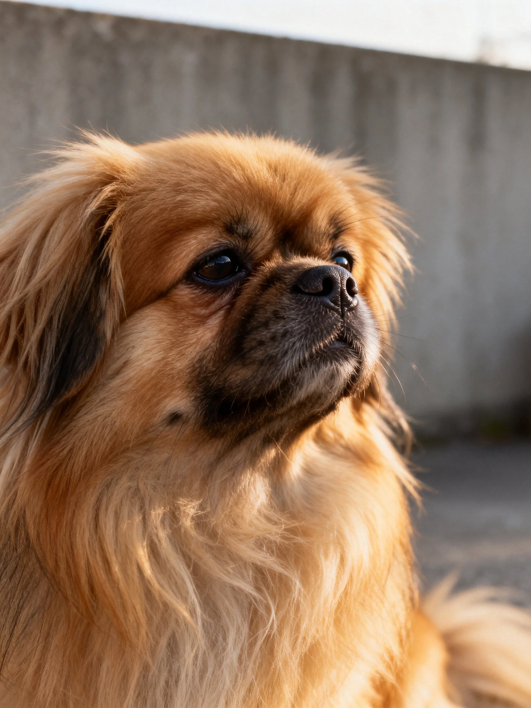 A fluffy tan Pekingese looks thoughtfully near a concrete structure.