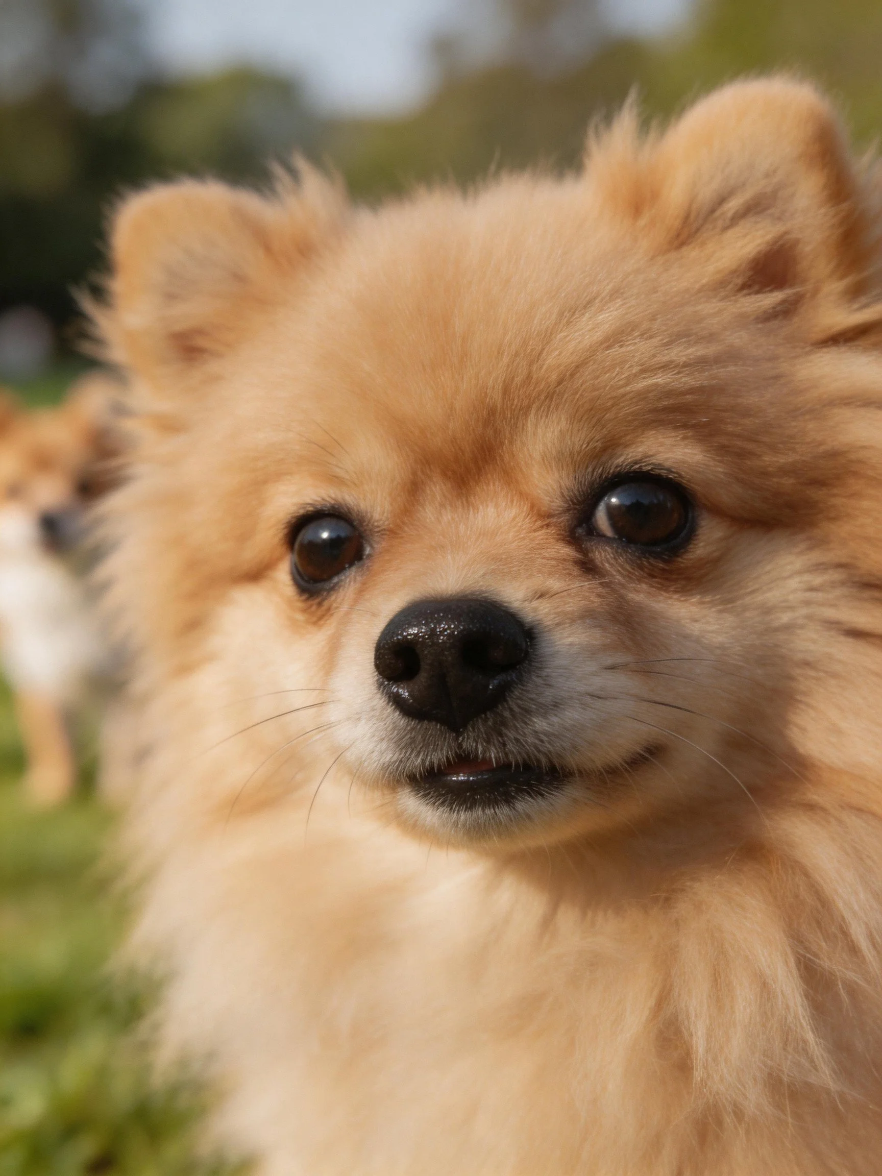 A fluffy tan Pomeranian is shown up close in a sunny outdoor area.