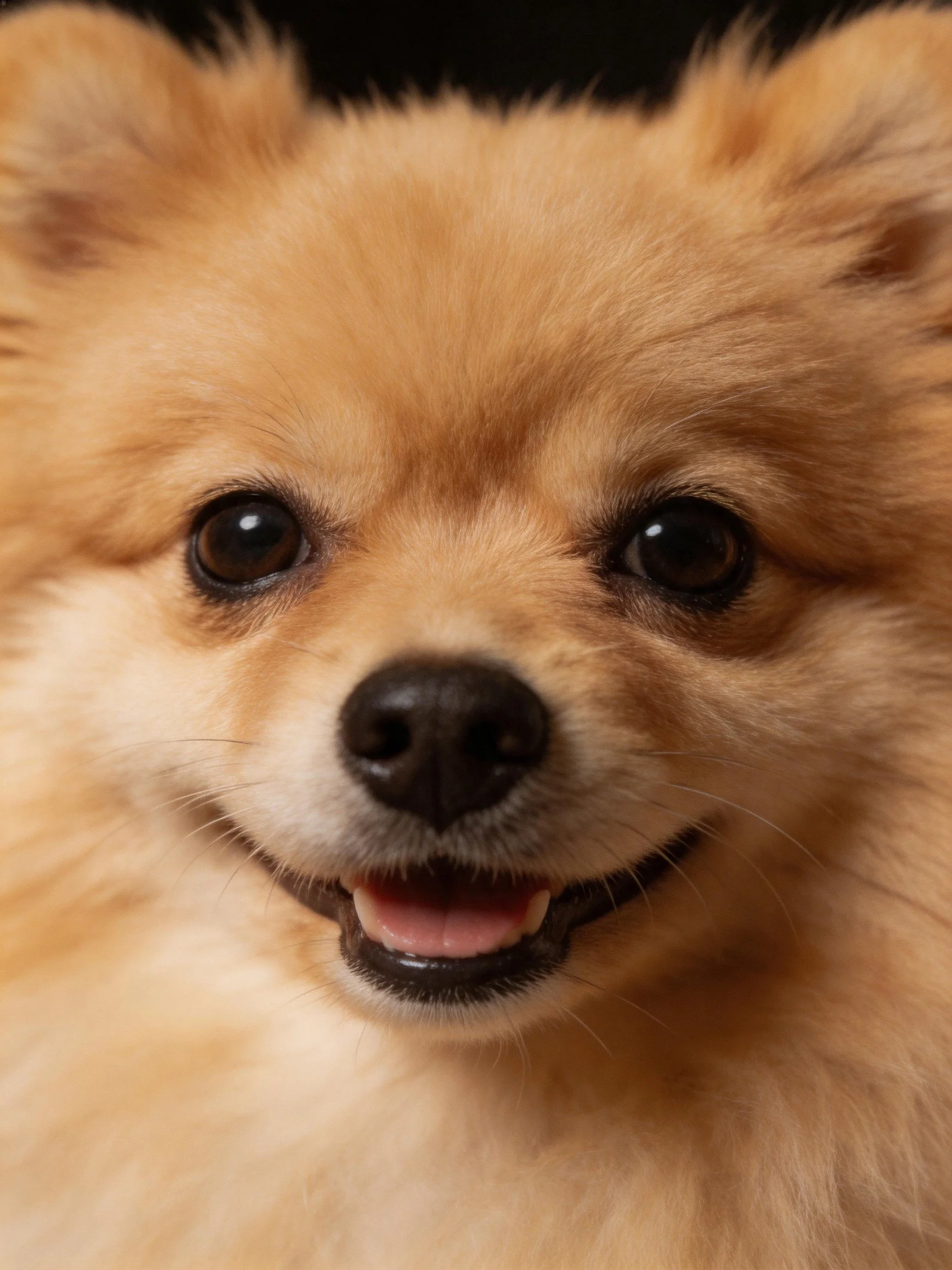 Fluffy tan Pomeranian close - up with bright eyes