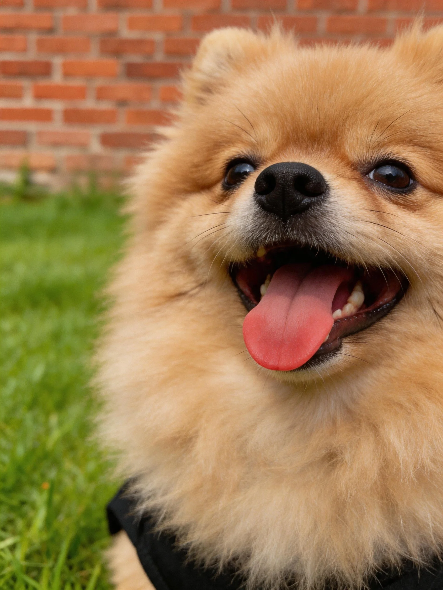 A cheerful tan Pomeranian dog stands on green grass with a brick wall in the background.