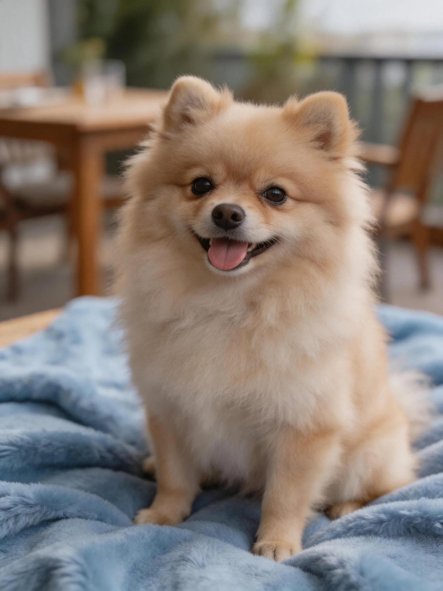 Tan Pomeranian dog sits happily on blue blanket in outdoor setting