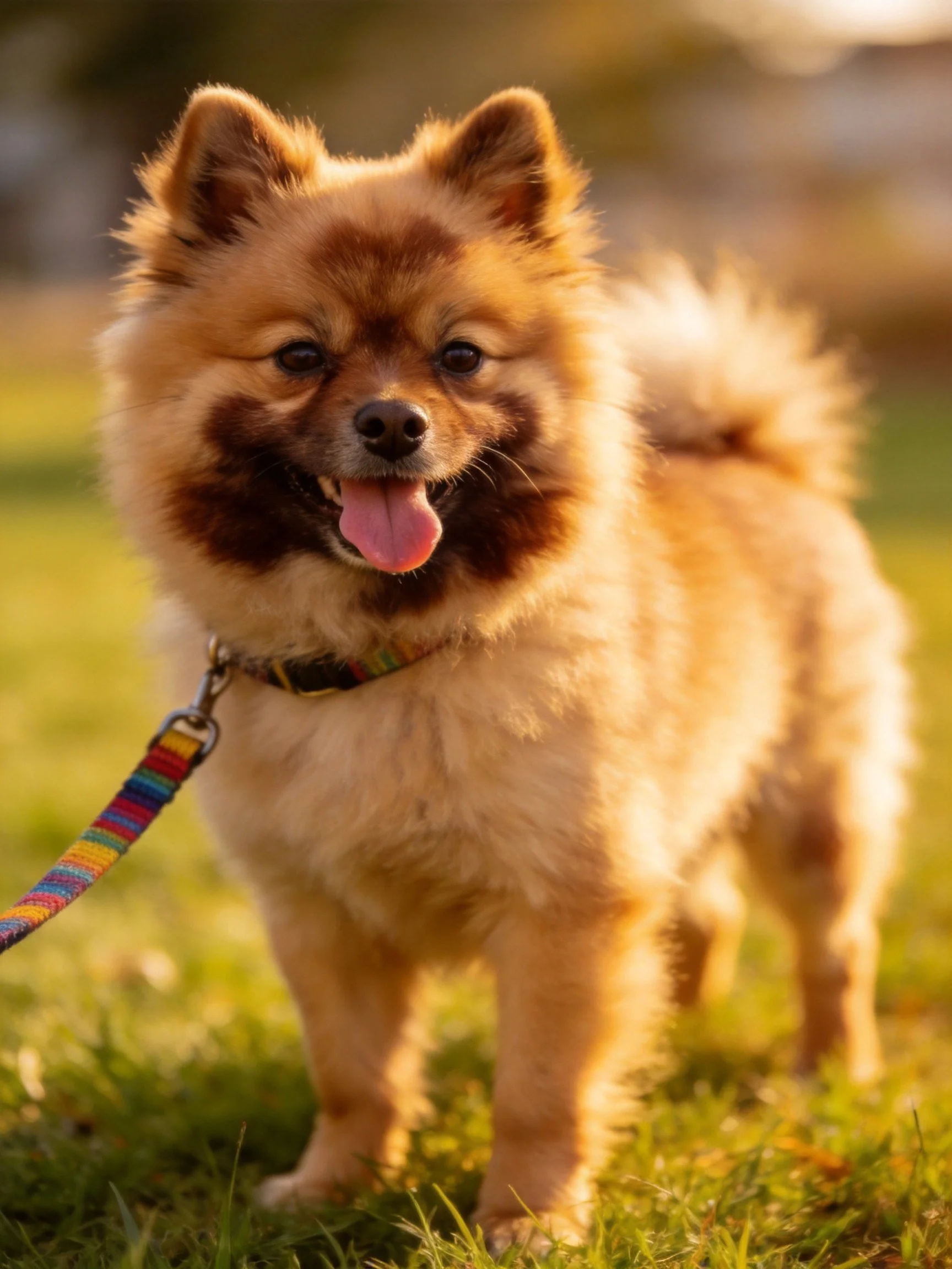 Fluffy tan Pomeranian on green grass with colorful leash