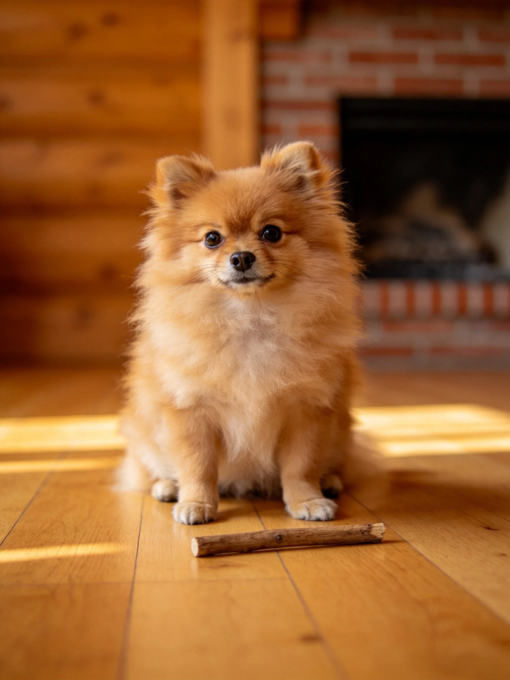 Tan Pomeranian sits on wood floor with a stick in a cozy room