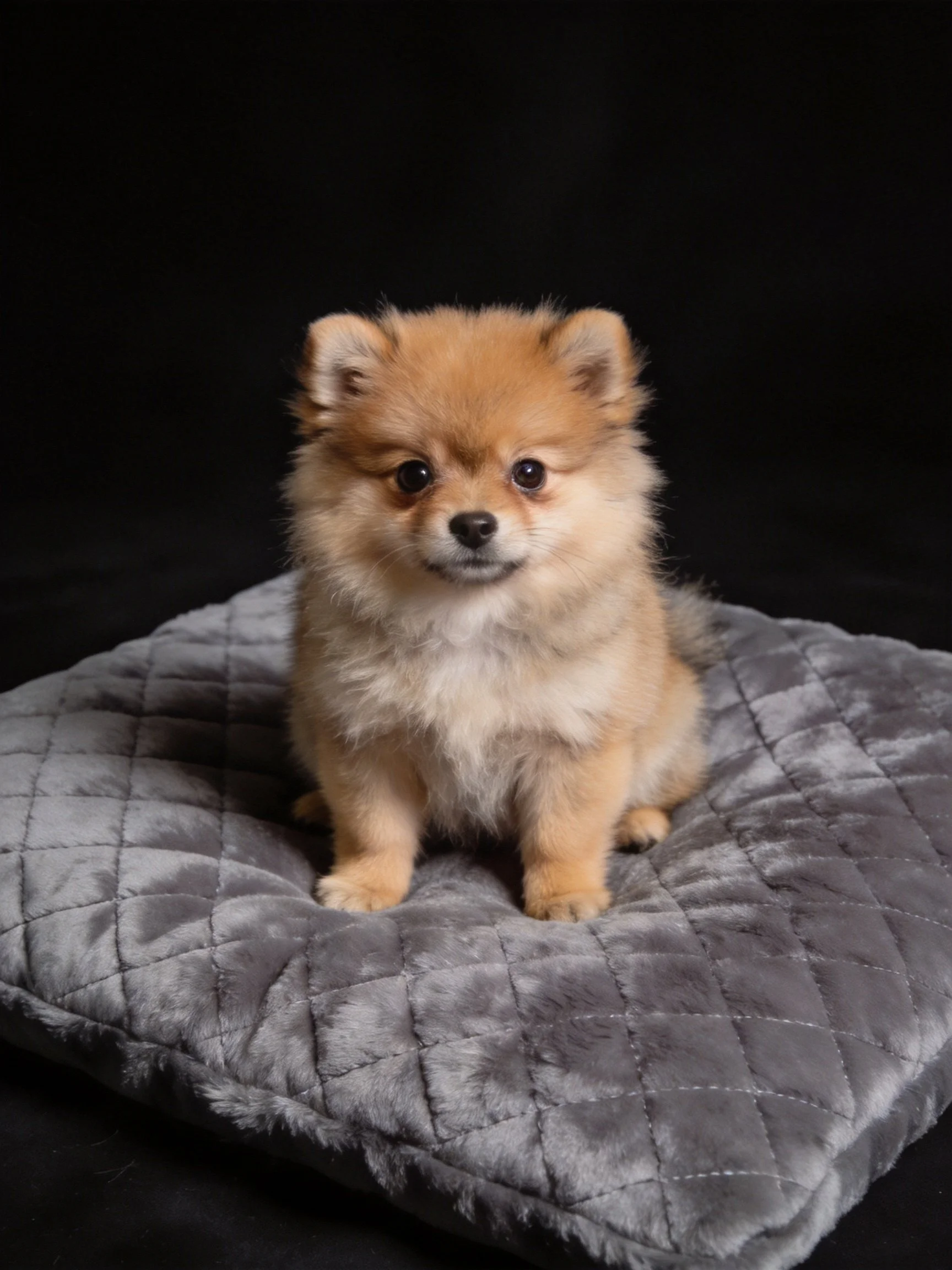 A fluffy tan Pomeranian puppy sits calmly on a gray quilted cushion.