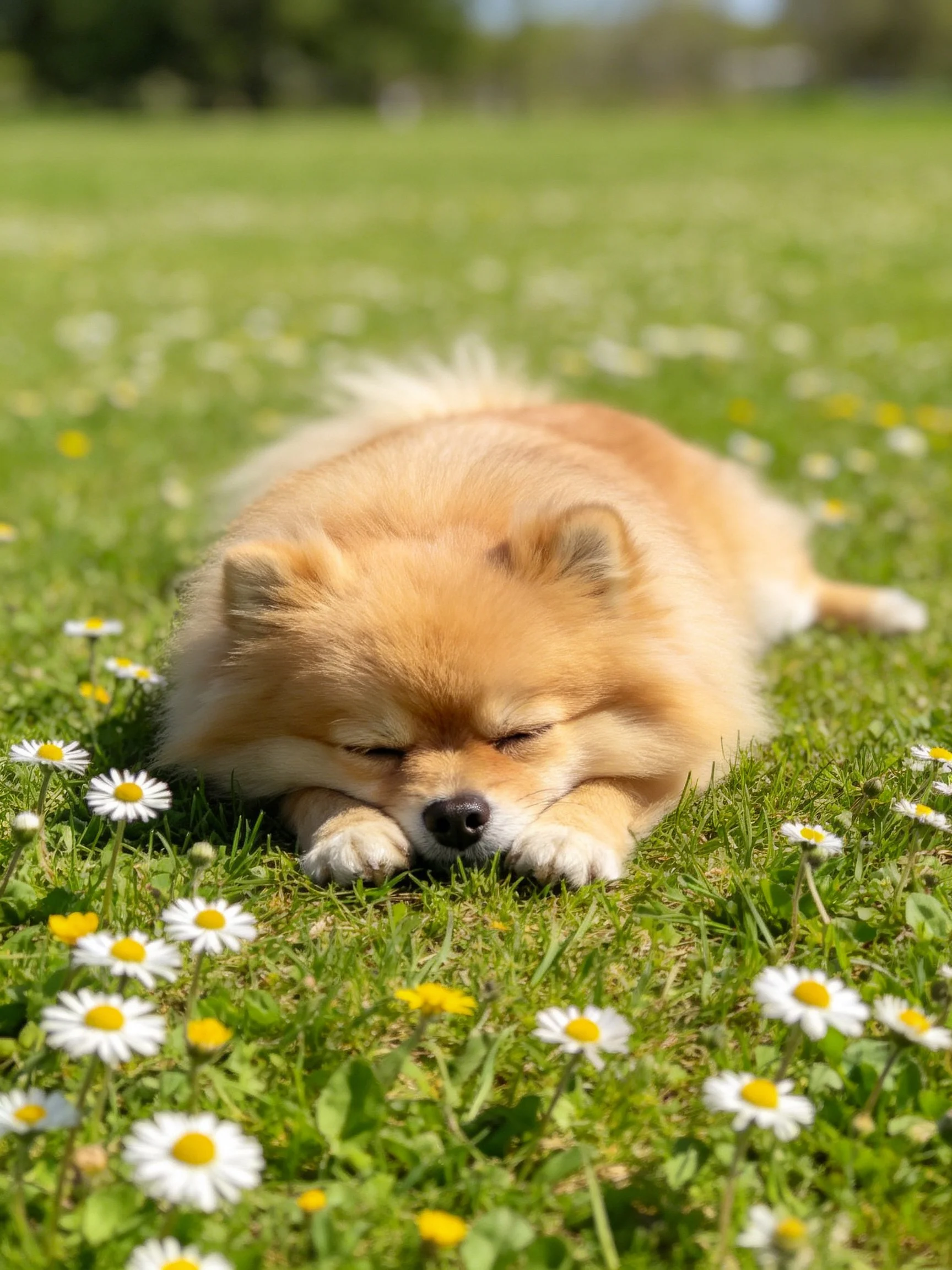 Tan Pomeranian naps among daisies in a grassy field.