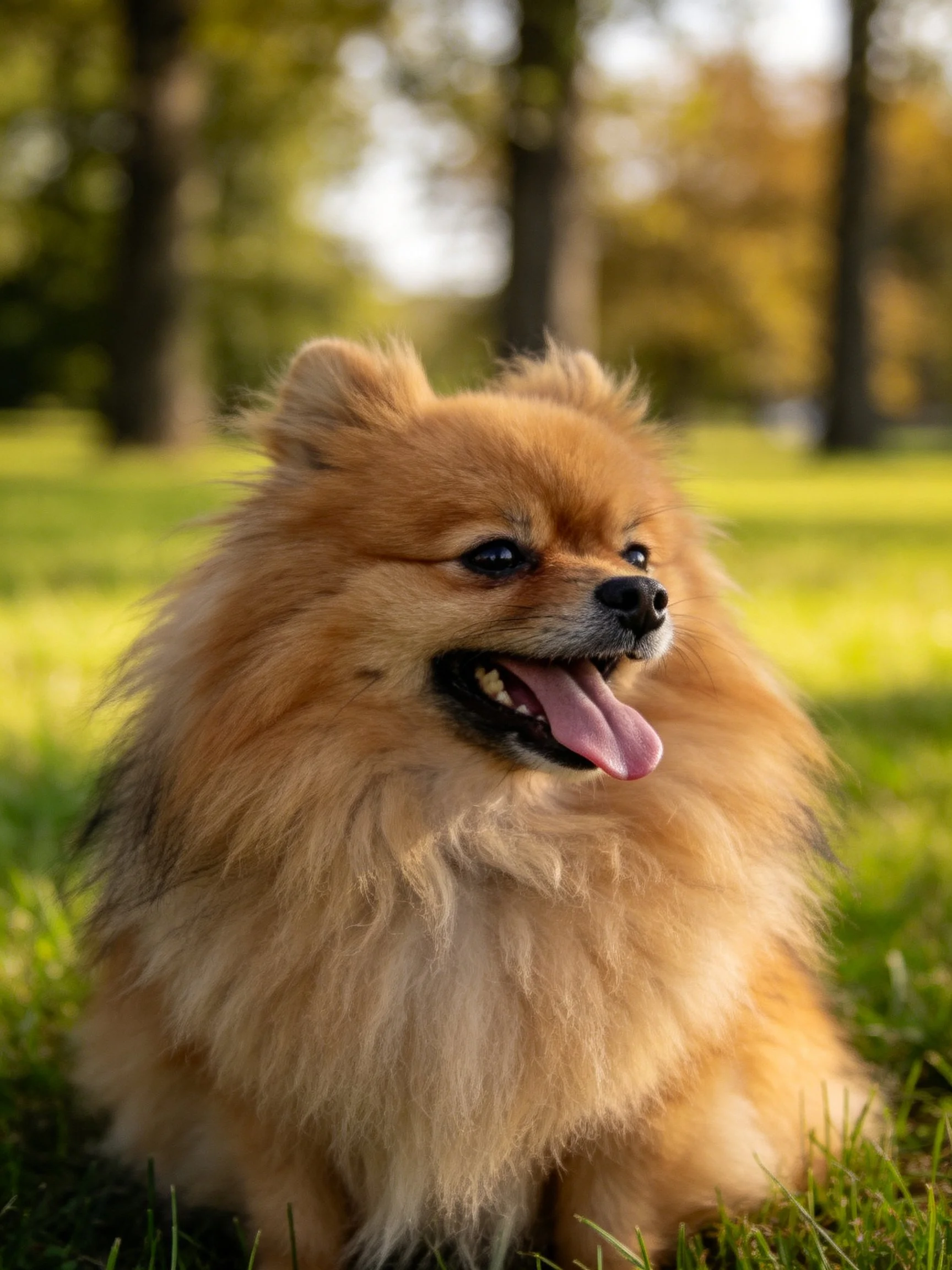 A fluffy tan Pomeranian relaxes on grass in a sunlit park.