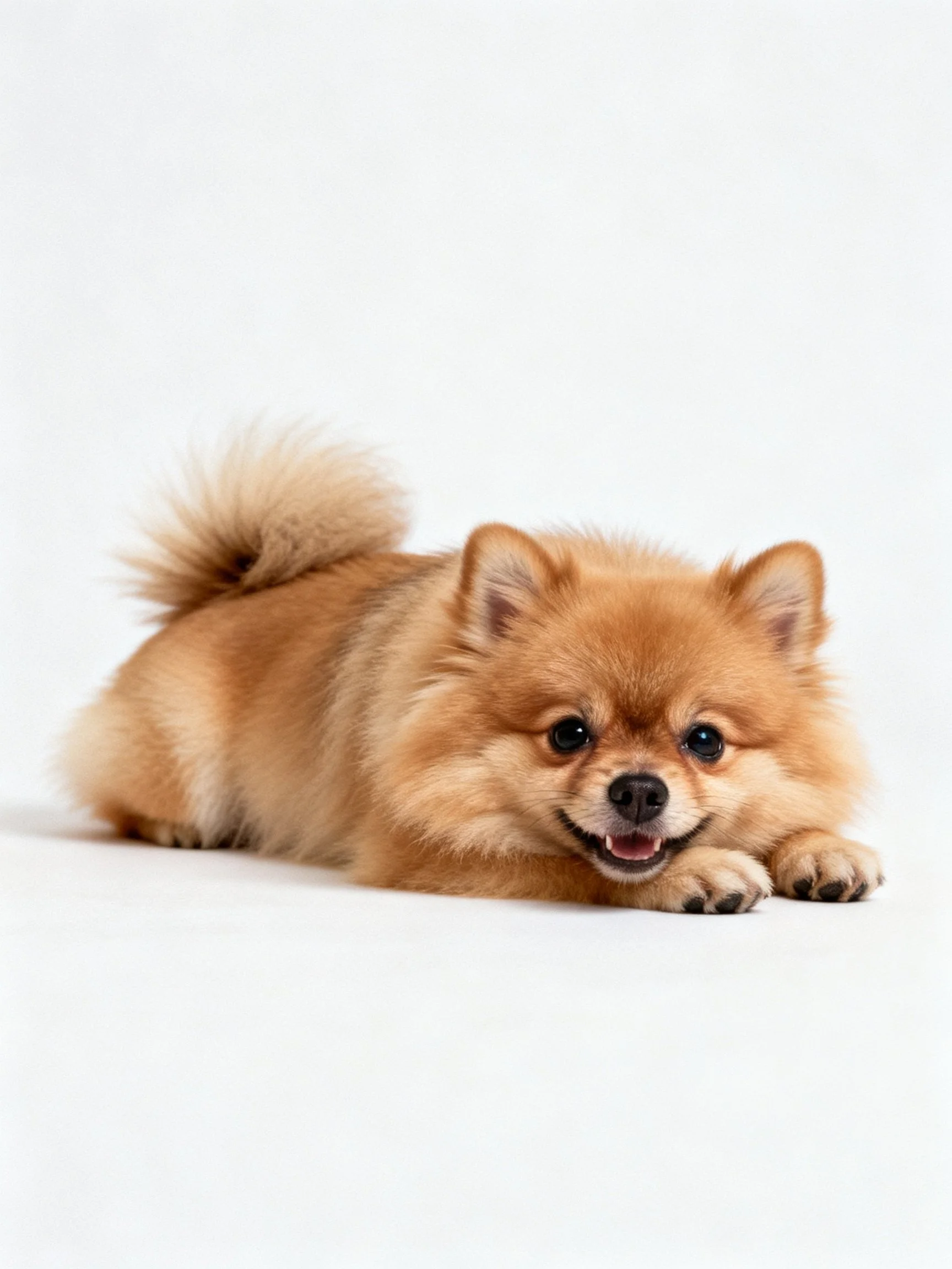 A fluffy tan Pomeranian rests comfortably on a white surface.