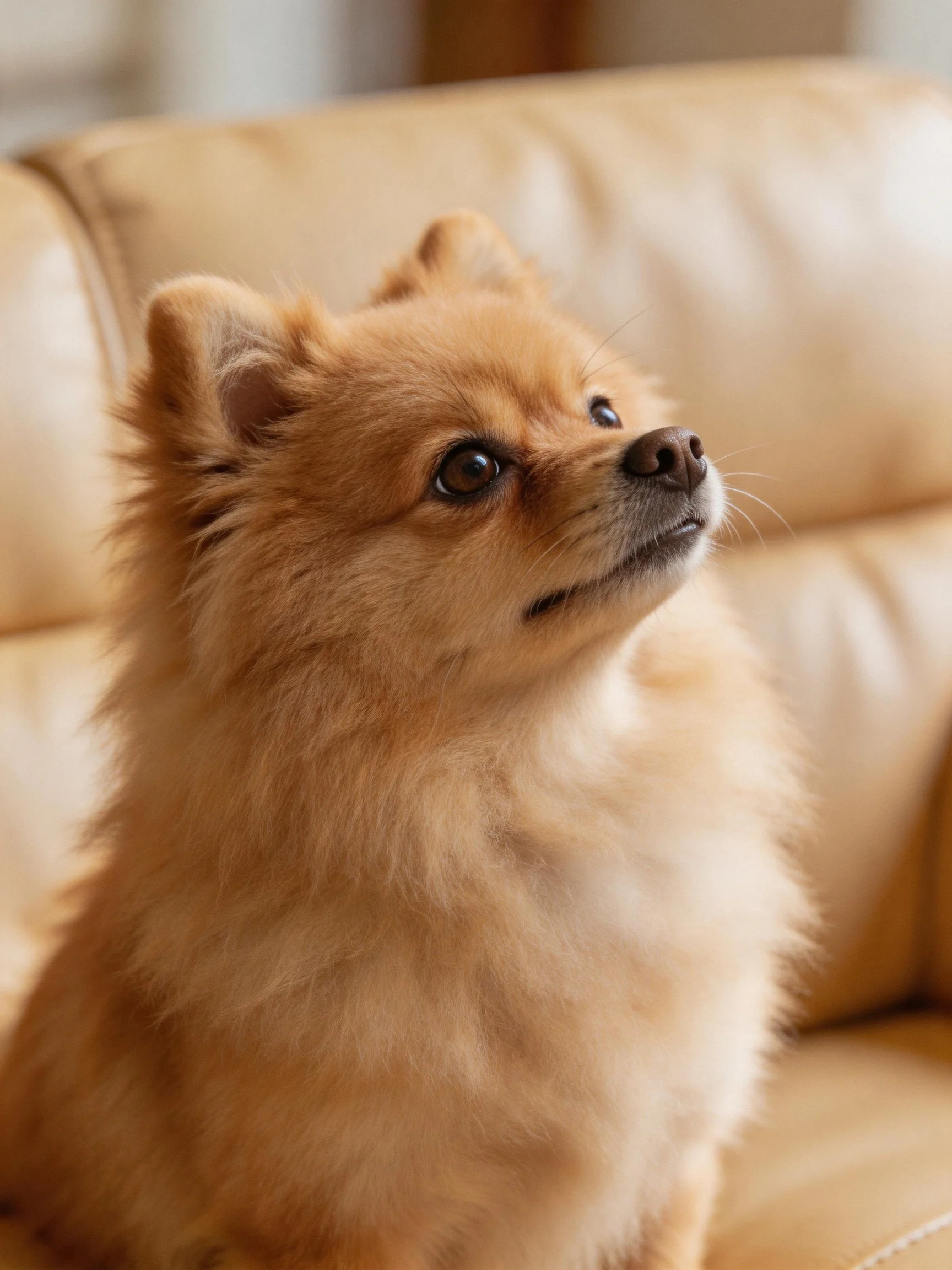 A fluffy tan Pomeranian sits calmly on a beige leather couch indoors.