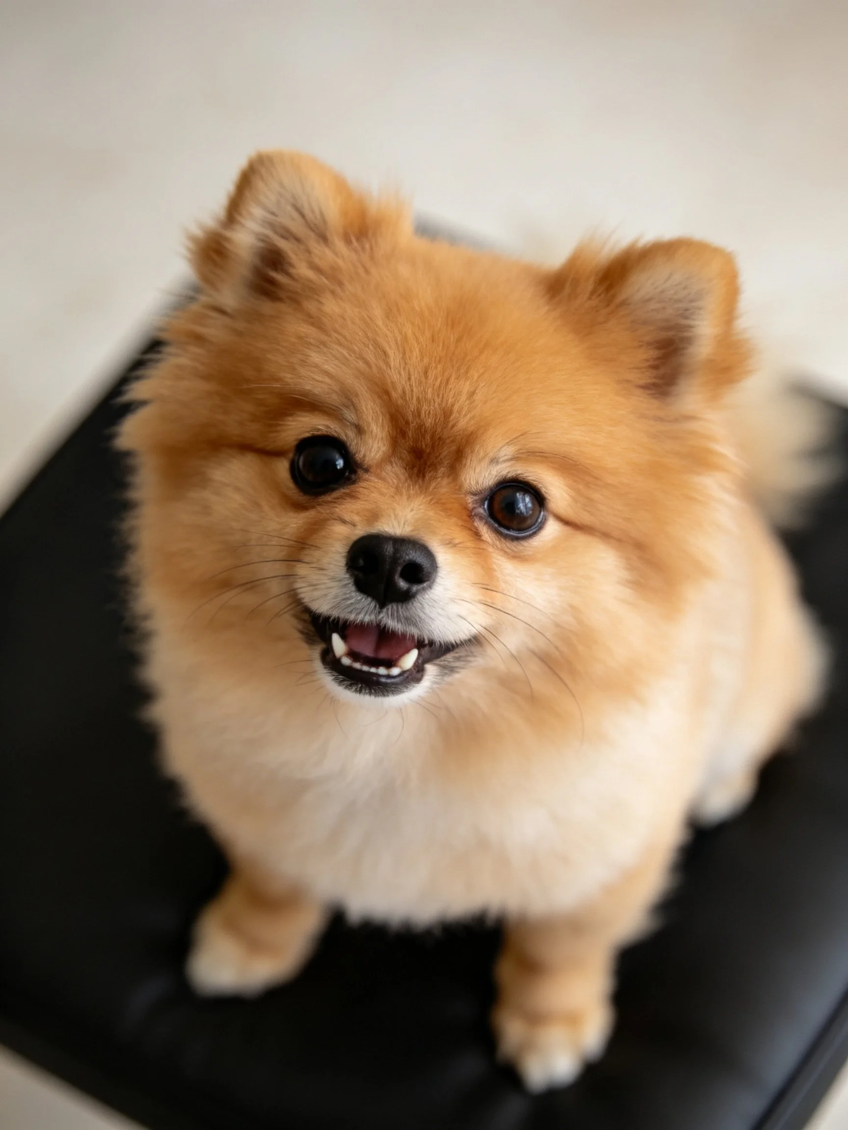 Fluffy tan Pomeranian sitting on a black cushion