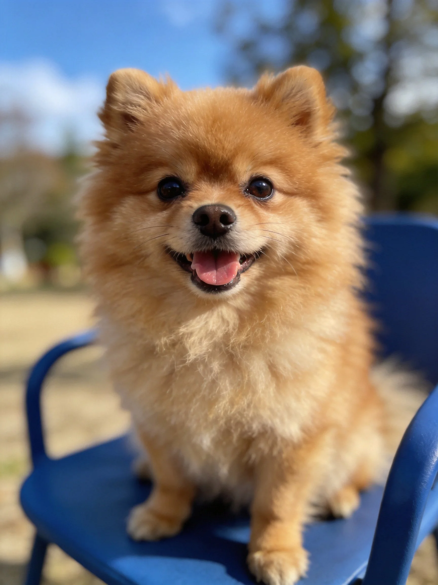 Tan Pomeranian sits happily on a blue chair in an outdoor area.