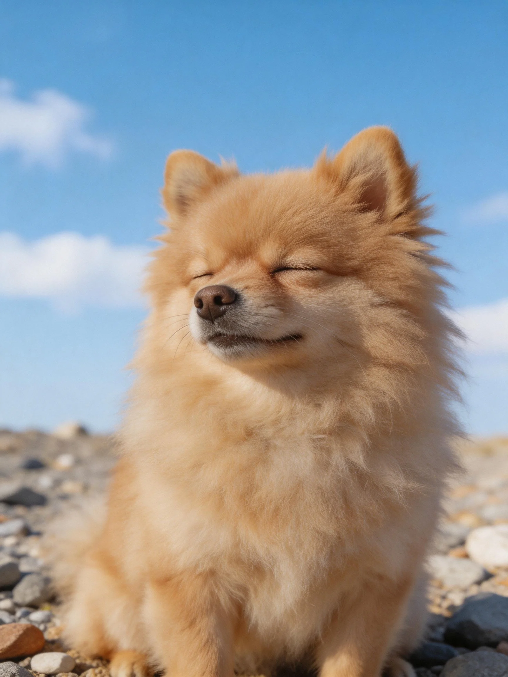 A tan-furred Pomeranian rests on pebbles under a bright sky.