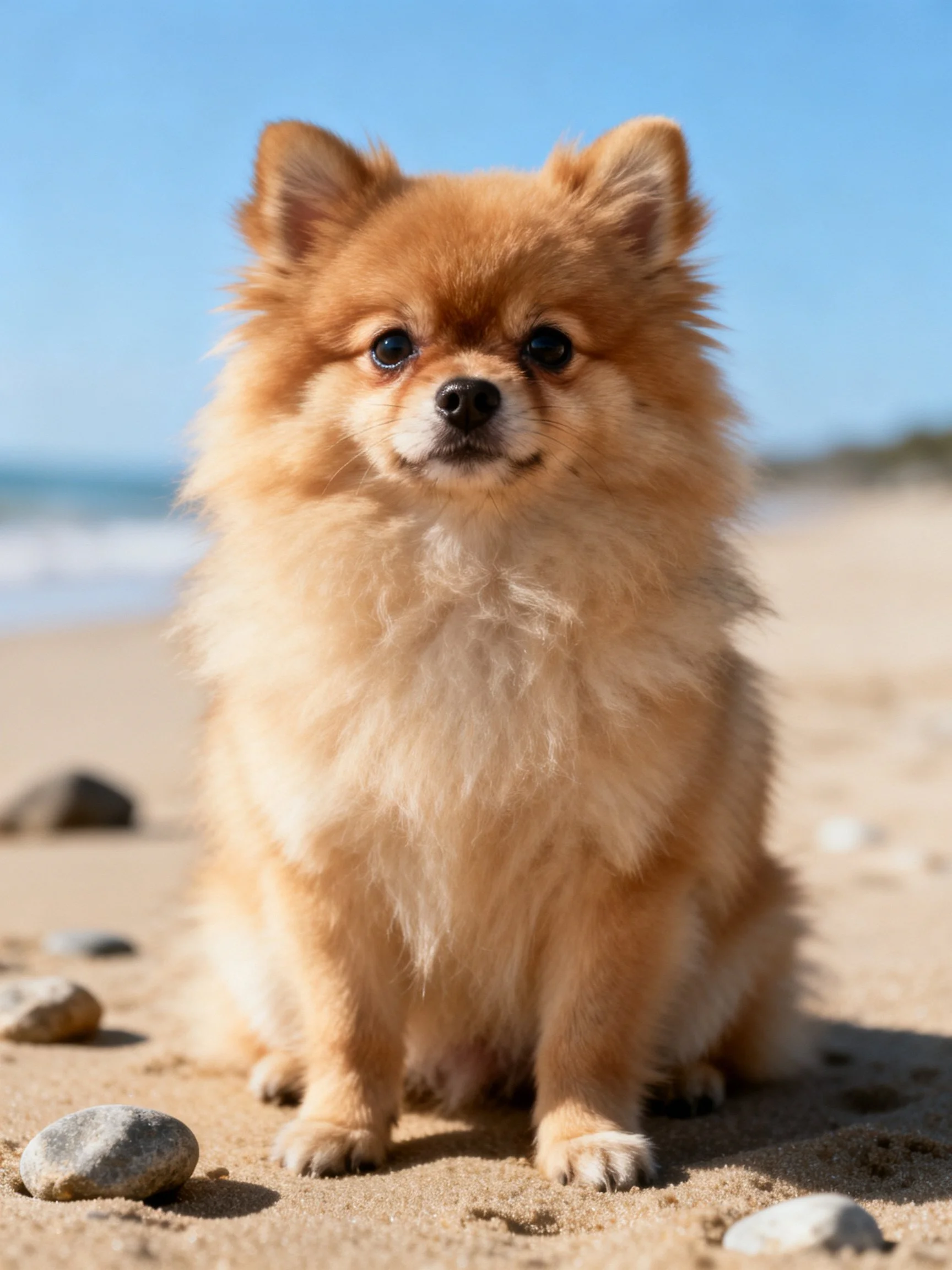 Fluffy tan Pomeranian sitting on sandy beach near scattered rocks