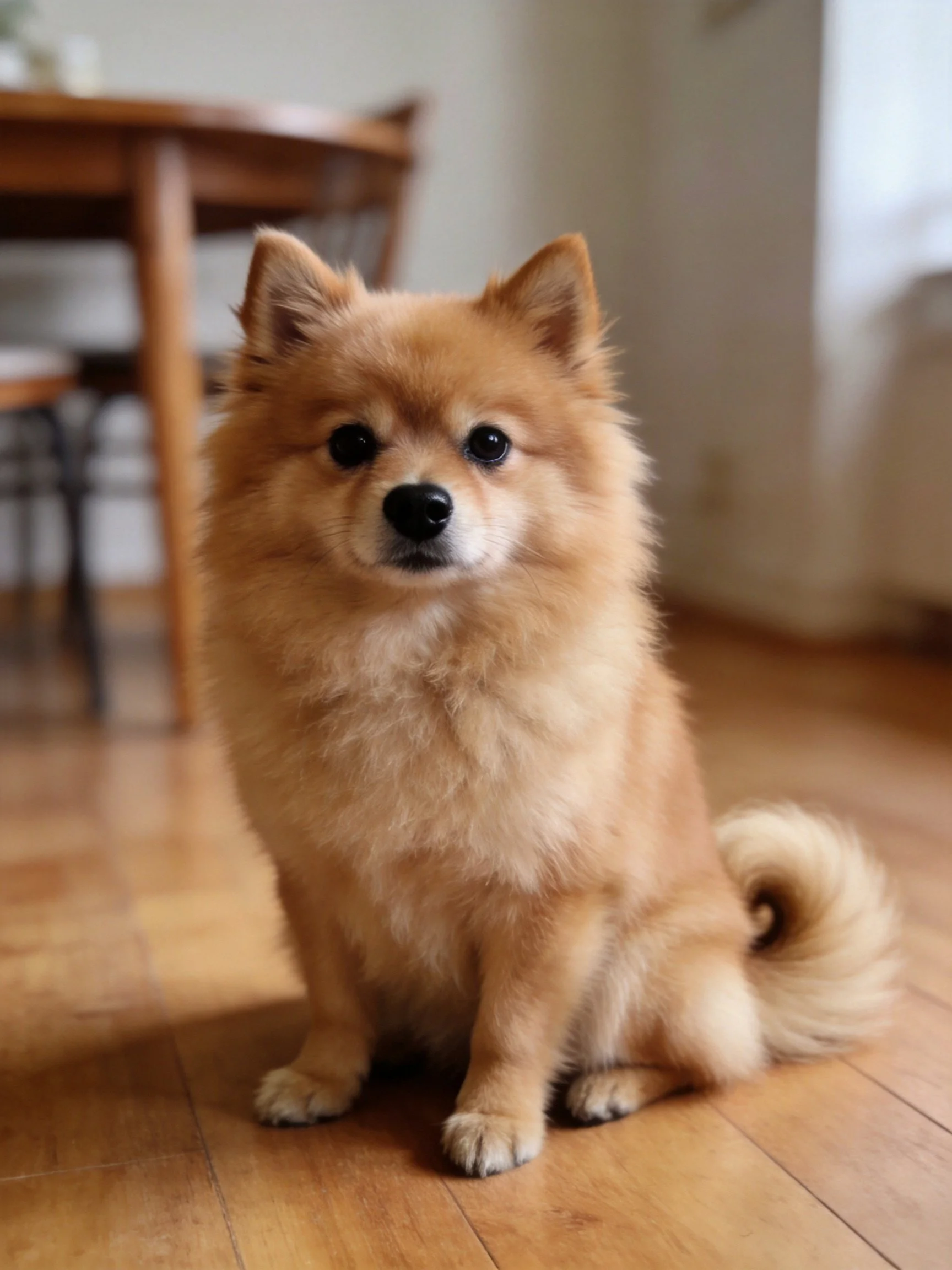 A fluffy tan Pomeranian sits calmly on wooden floor indoors.