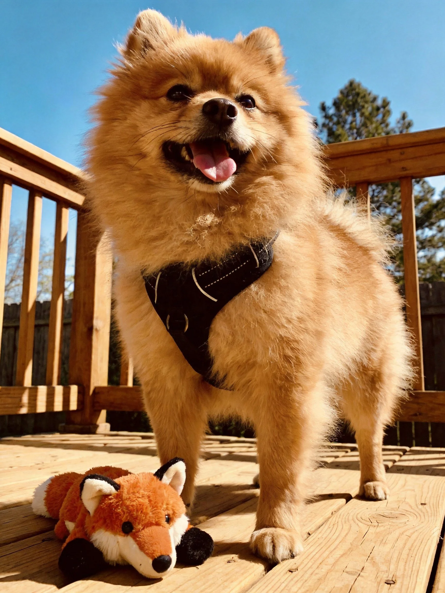 Cheerful Pomeranian stands next to stuffed fox toy on wooden deck