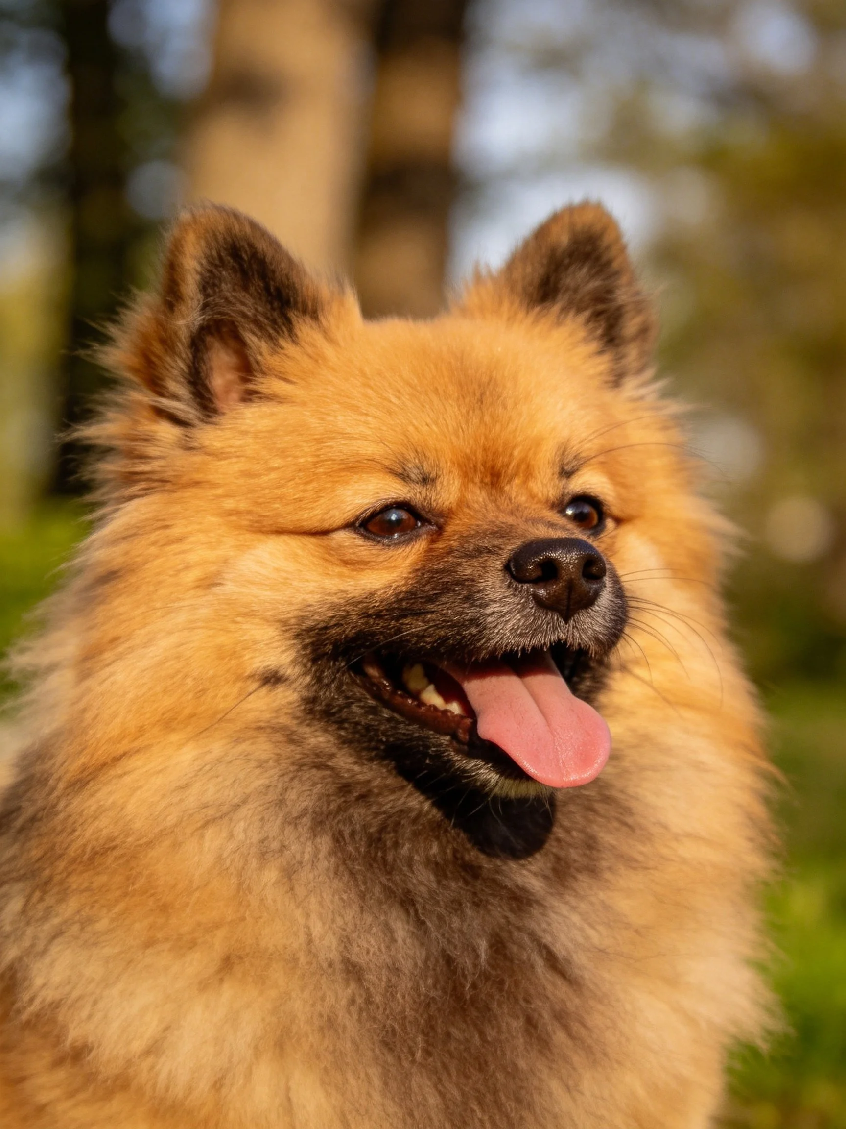 Fluffy tan Pomeranian with dark facial markings in a sunlit forest