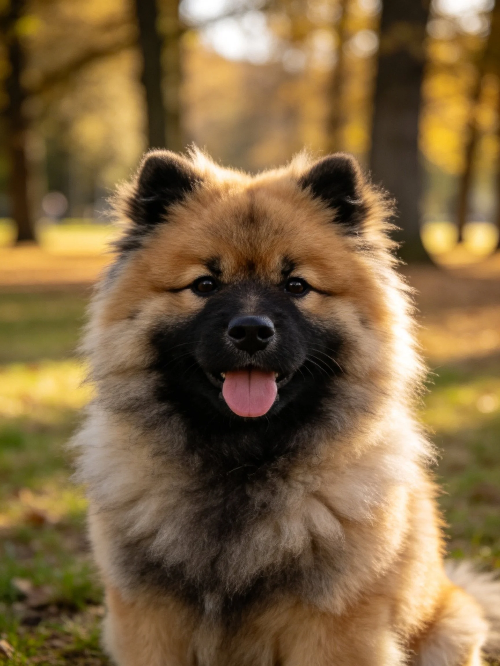 A fluffy tan and black dog relaxes in a sunlit wooded area.