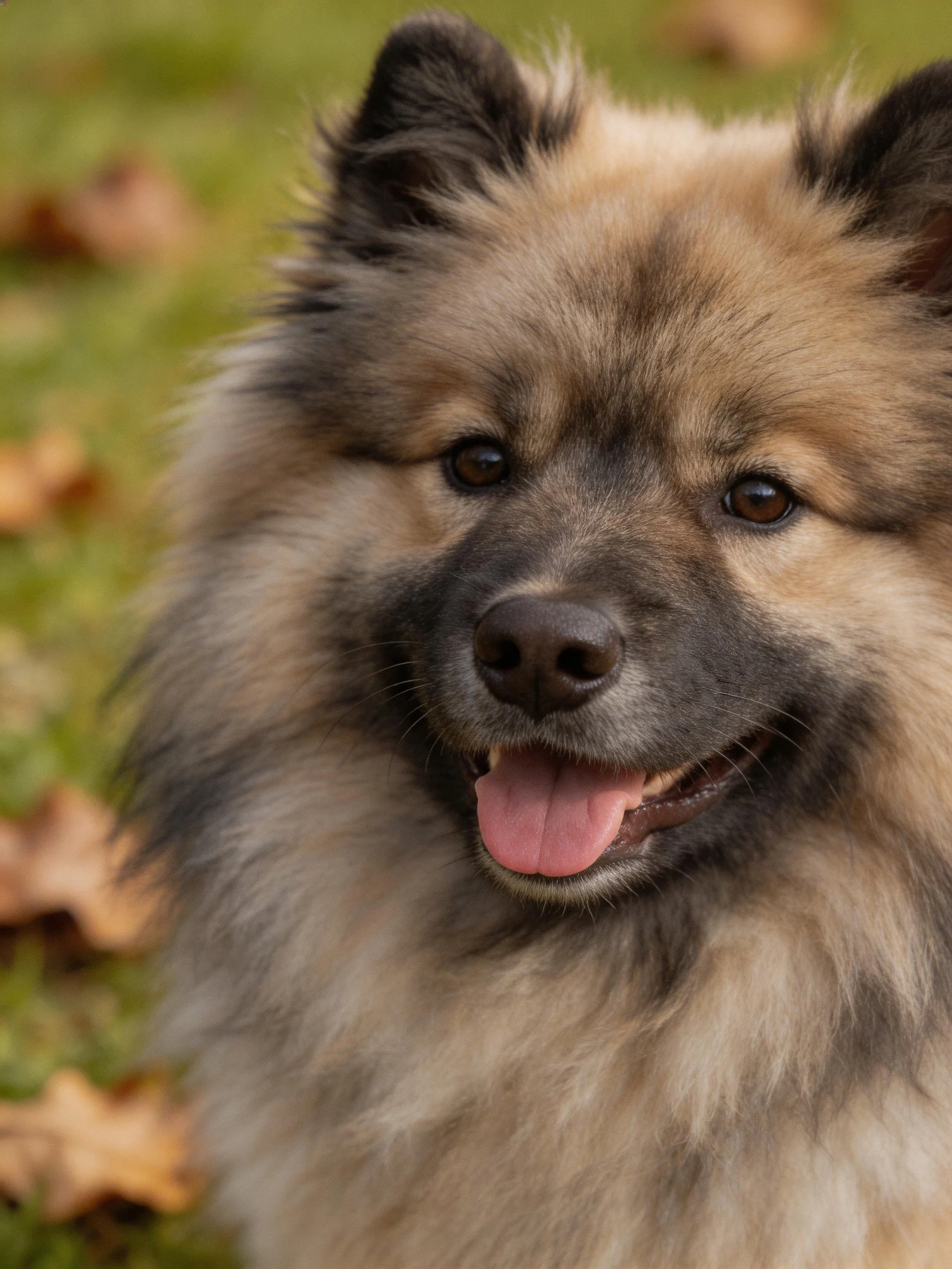 A fluffy tan and black dog stands among fallen leaves in an outdoor environment.