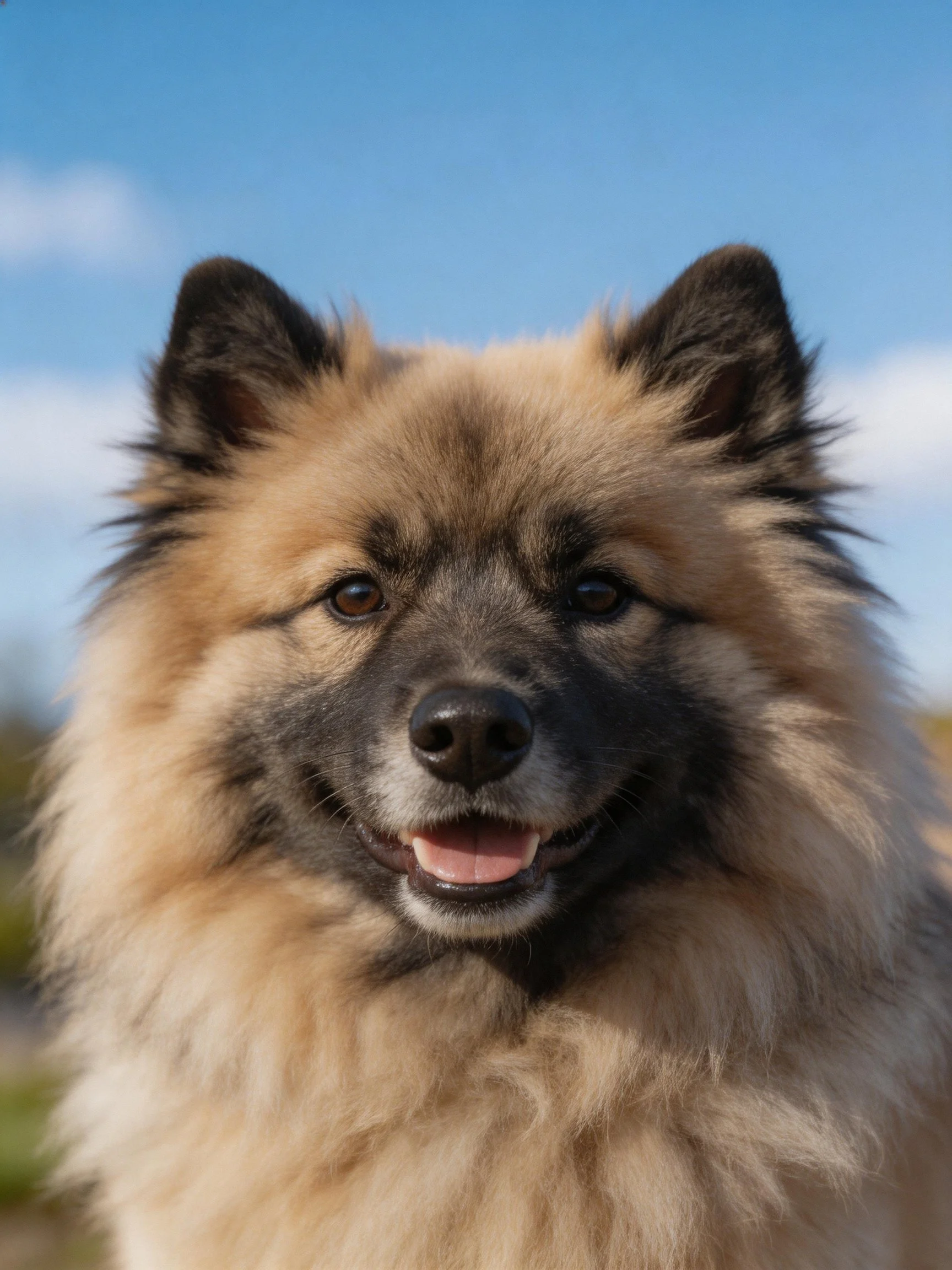 A fluffy tan and black dog stands outdoors under a clear blue sky.