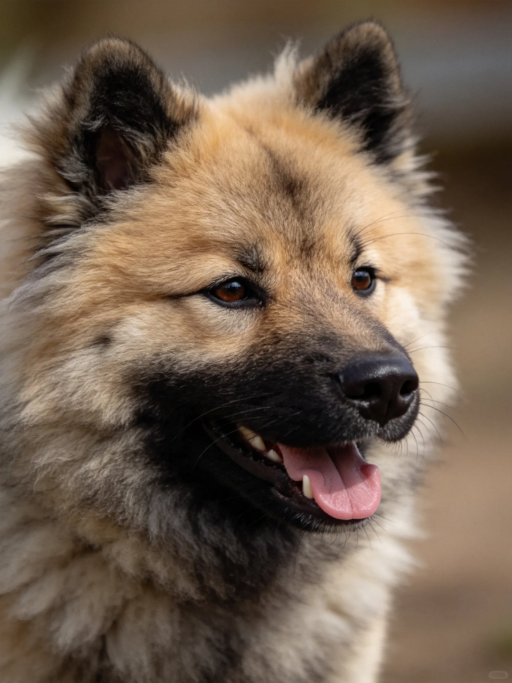 Fluffy tan and black-furred dog with upright ears