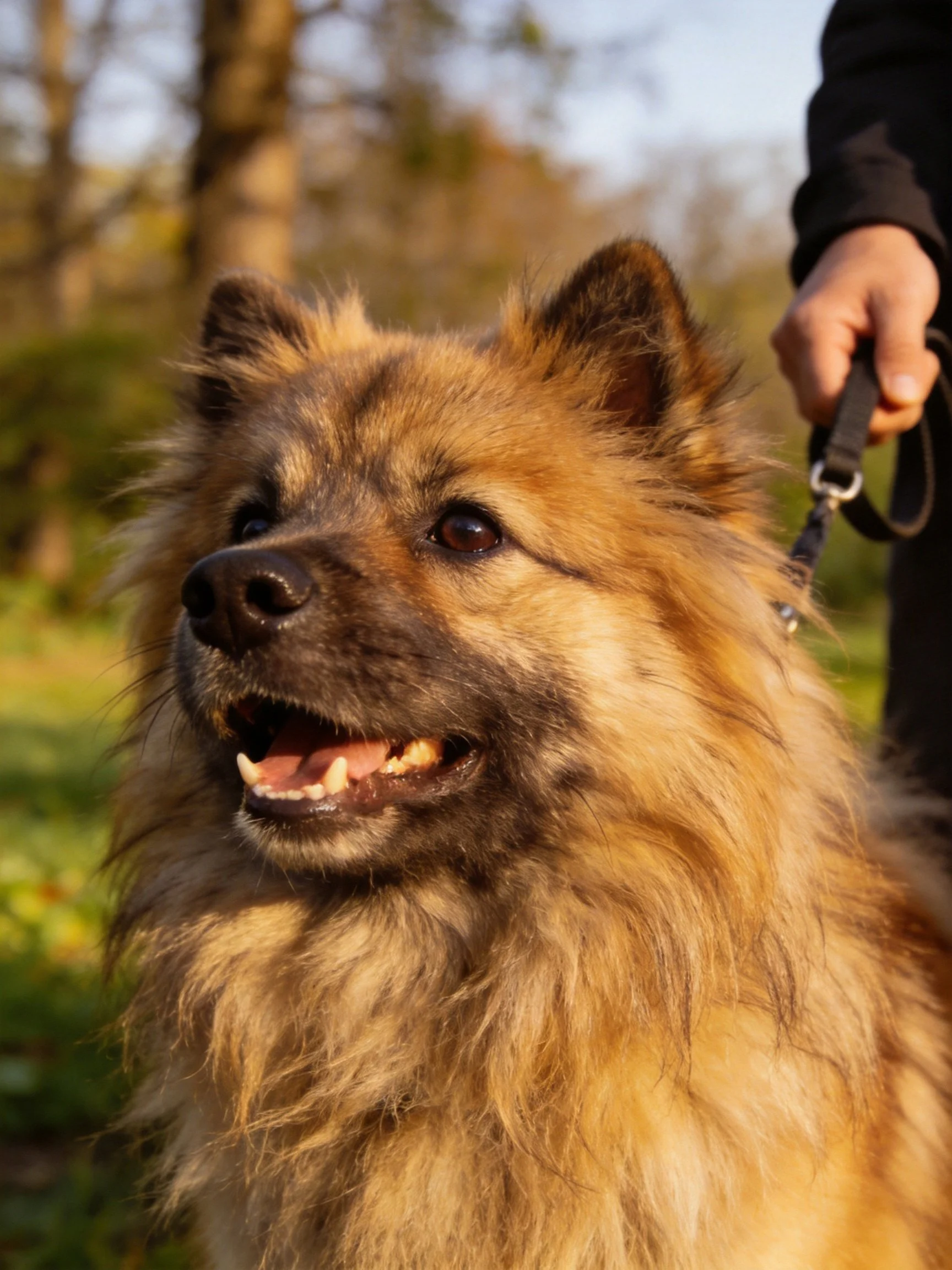 Fluffy tan and brown dog on a leash in a wooded outdoor area