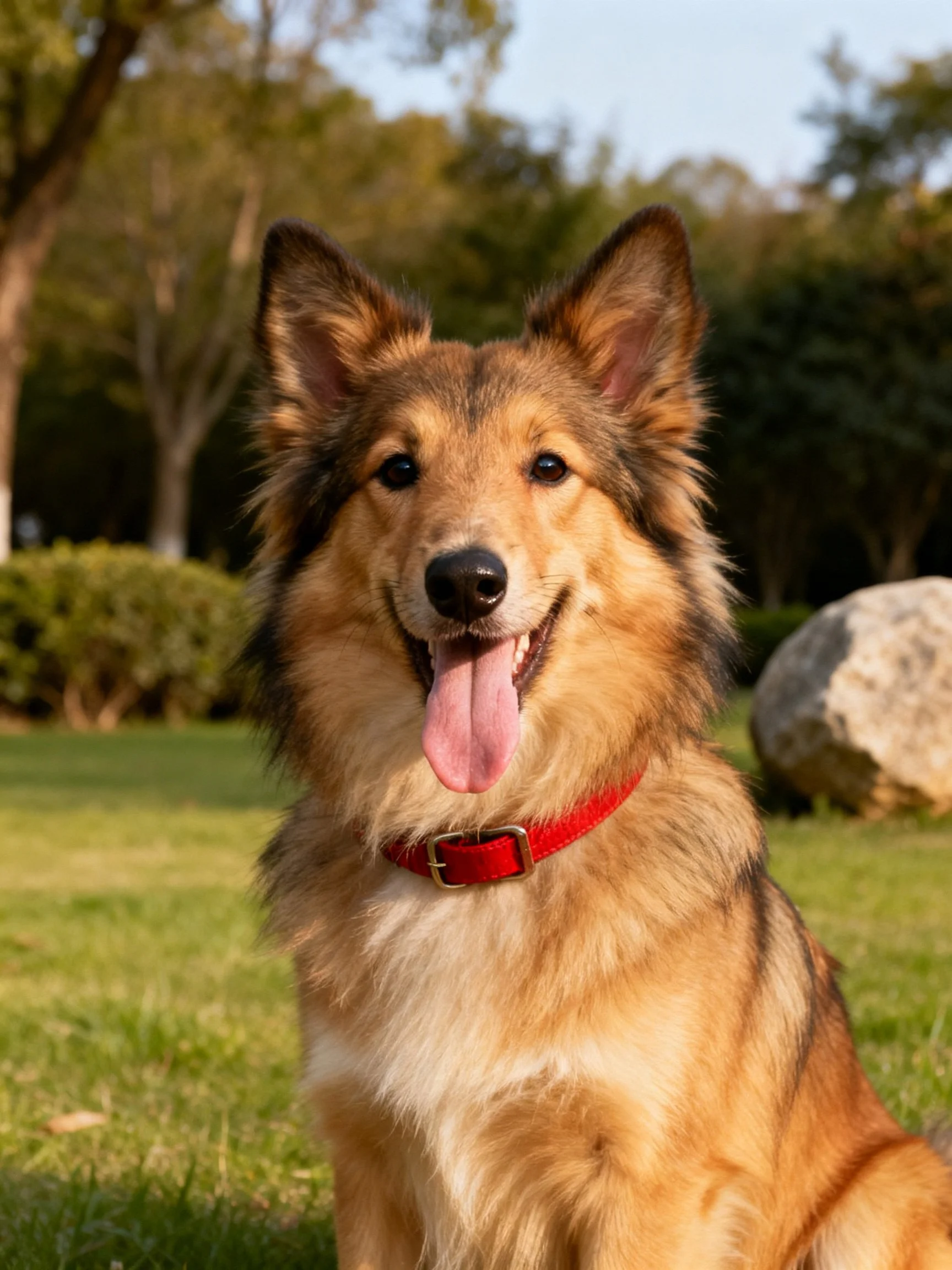 A cheerful dog with a red collar relaxes on grass in a sunny park.