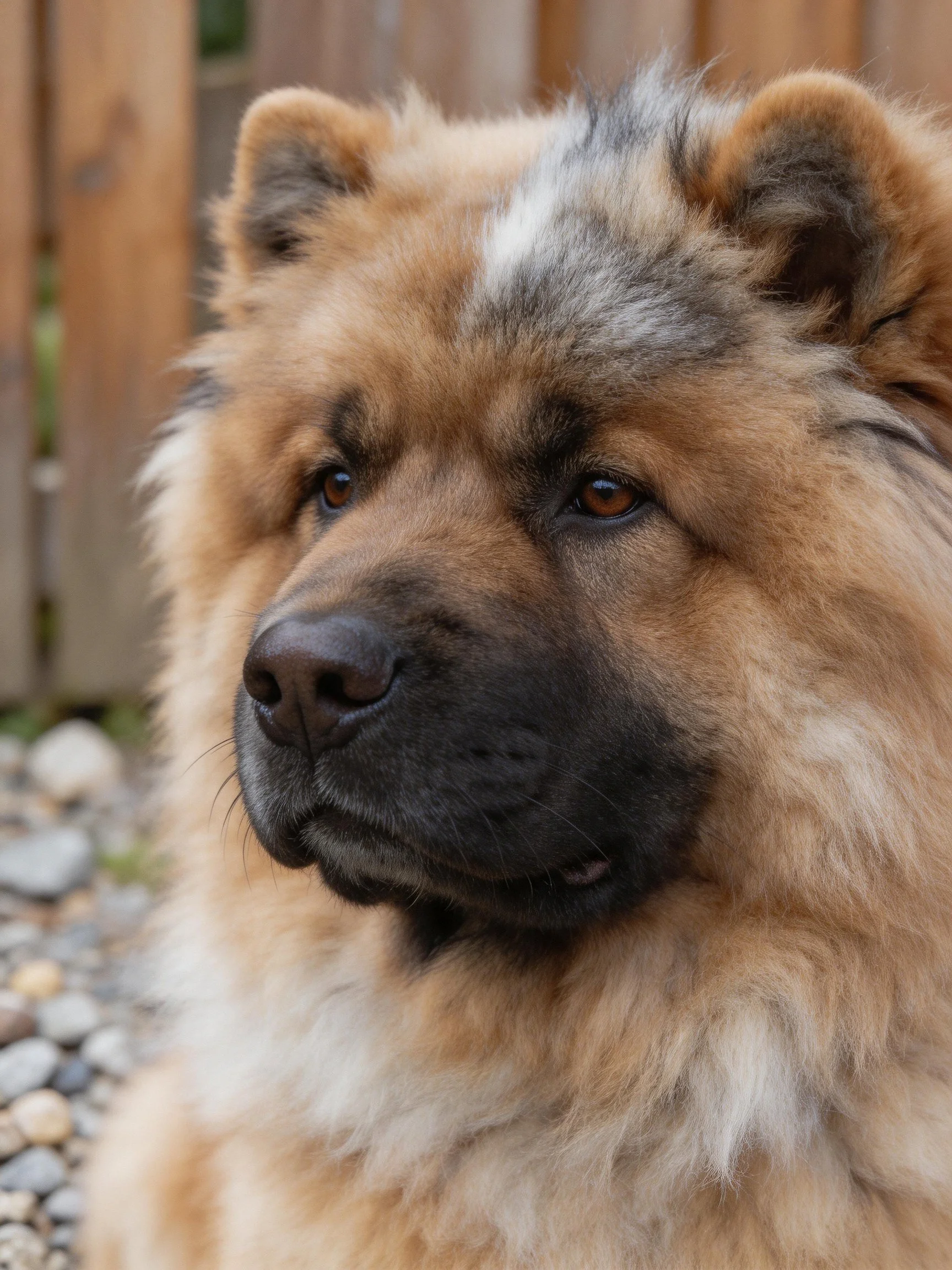Fluffy tan and gray Chow dog near a wooden fence