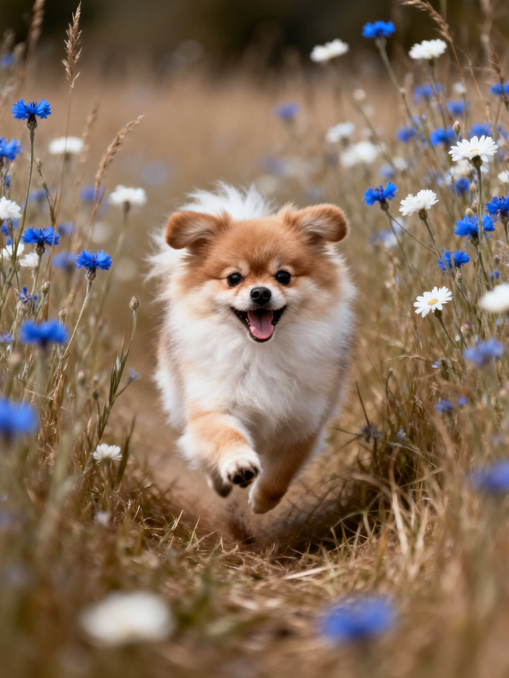 A cheerful small dog runs joyfully amid colorful wildflowers.